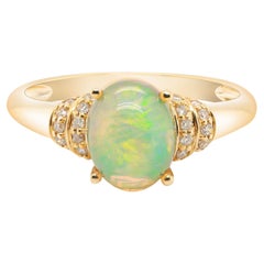 Vintage 1.41 Carat Oval Cab Ethiopian Opal Diamond Accents 14K Yellow Gold Ring