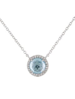 1.41 Carat Round Blue Topaz & Diamond White Gold Pendant Necklace