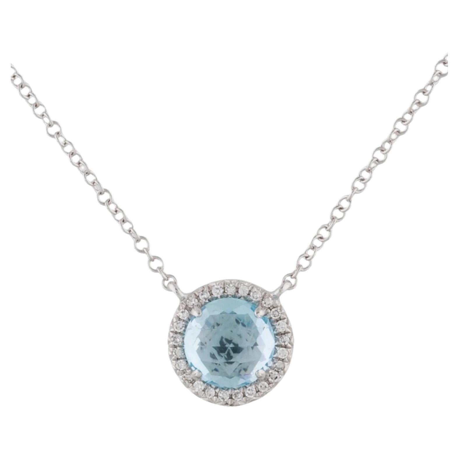 1.41 Carat Round Blue Topaz & Diamond White Gold Pendant Necklace  For Sale