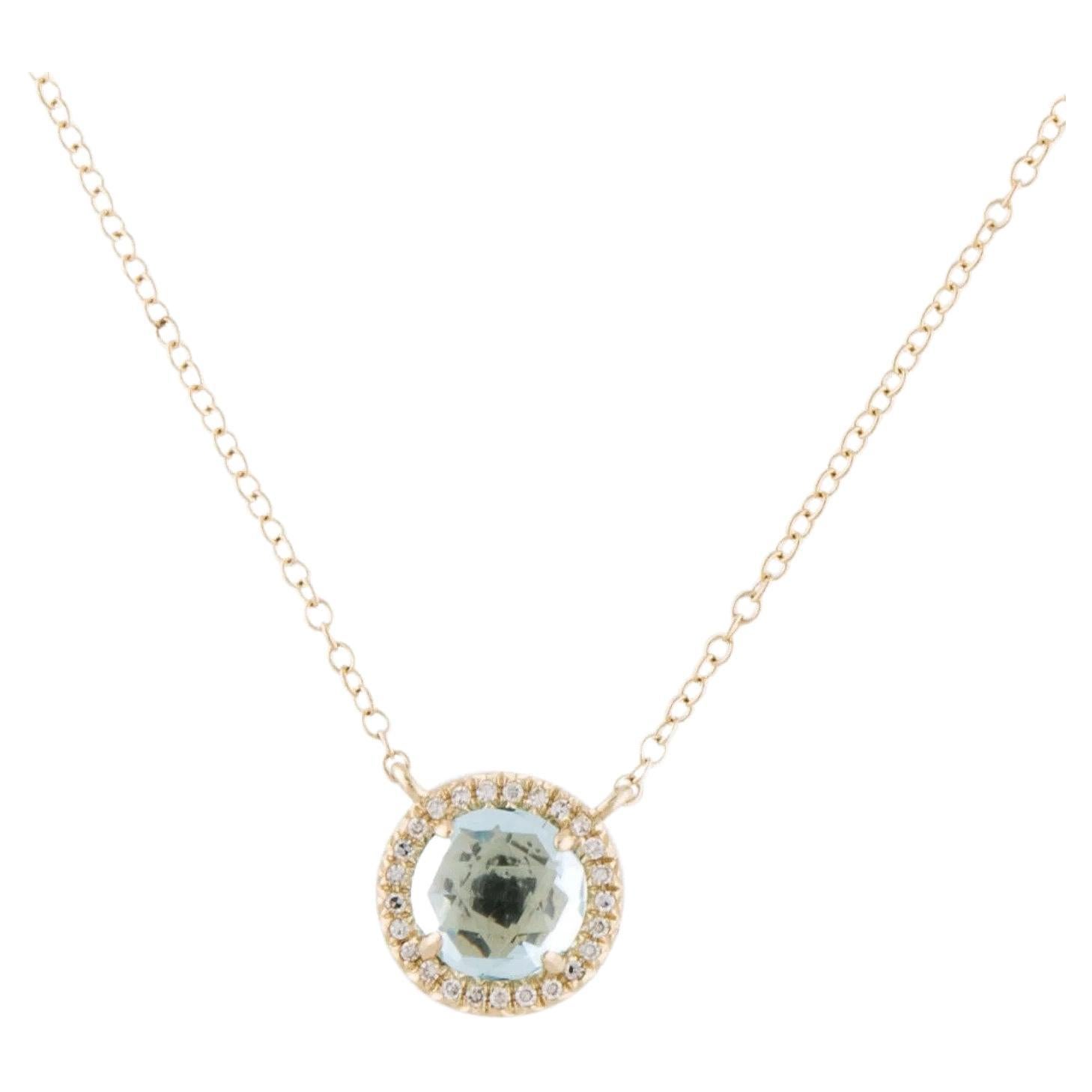 1.41 Carat Round Blue Topaz & Diamond Yellow Gold Pendant Necklace  For Sale
