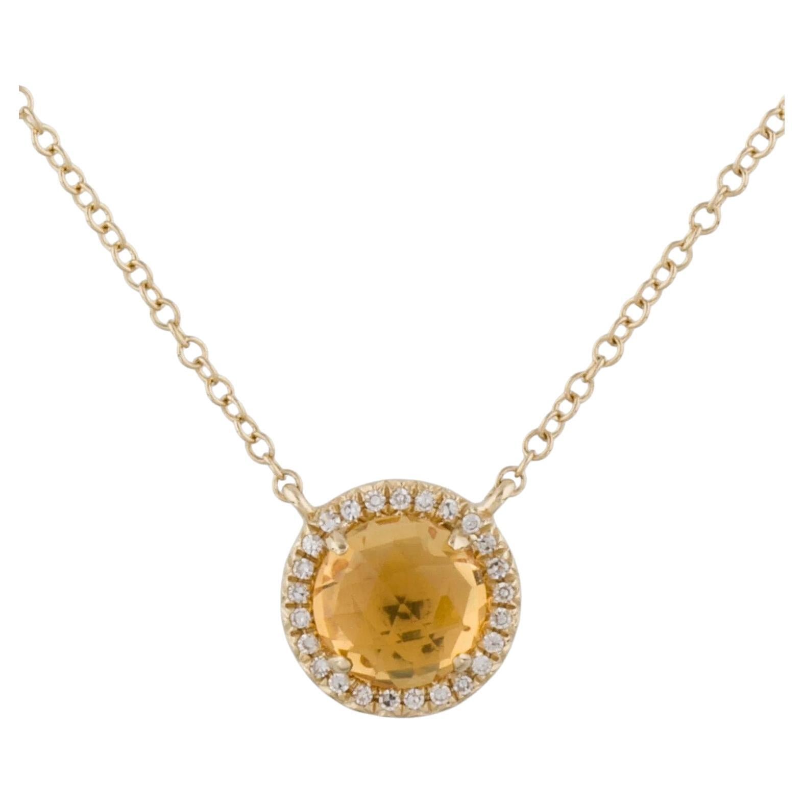 1.41 Carat Round Citrine & Diamond Yellow Gold Pendant Necklace 