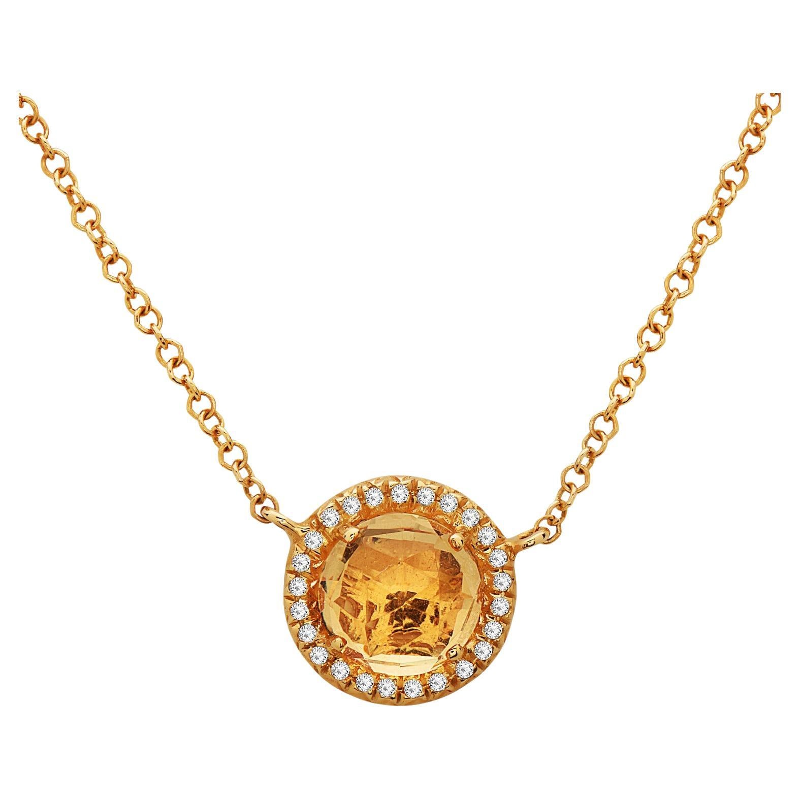 1.41 Carat Round Citrine & Diamond Yellow Gold Pendant Necklace