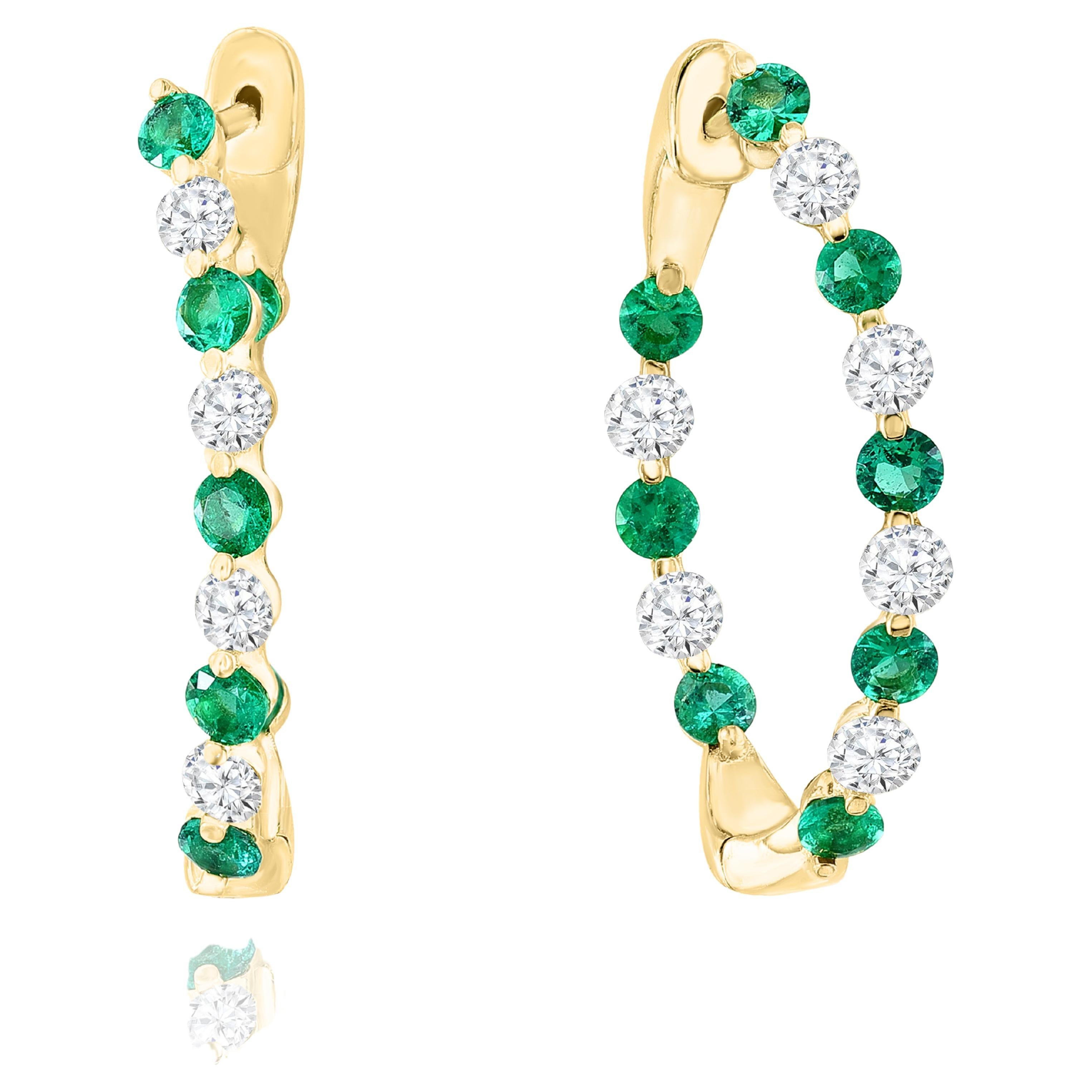 1.41 Carat Round Cut Emerald and Diamond Hoop Earrings in 14K Yellow Gold For Sale