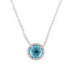 1.41 Carat Round Swiss Blue Topaz & Diamond White Gold Pendant Necklace