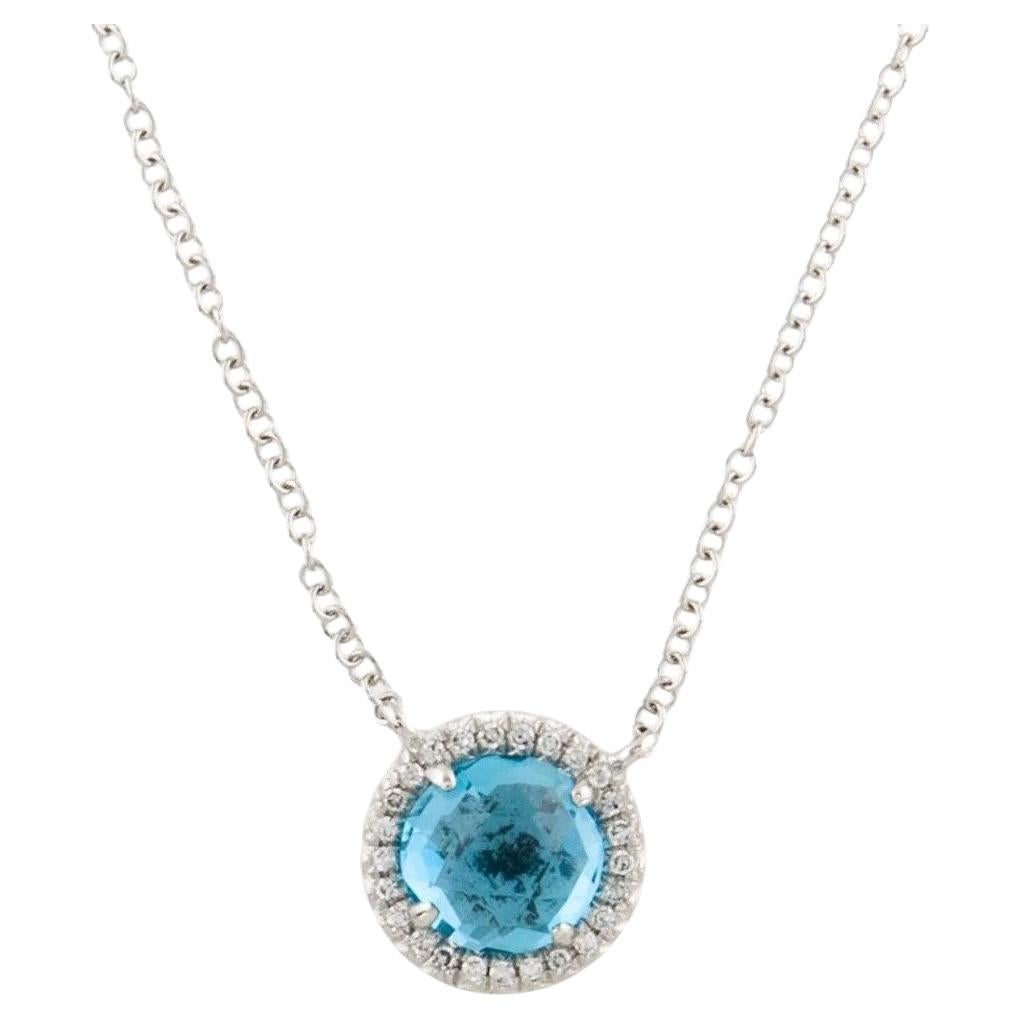 1.41 Carat Round Swiss Blue Topaz & Diamond White Gold Pendant Necklace