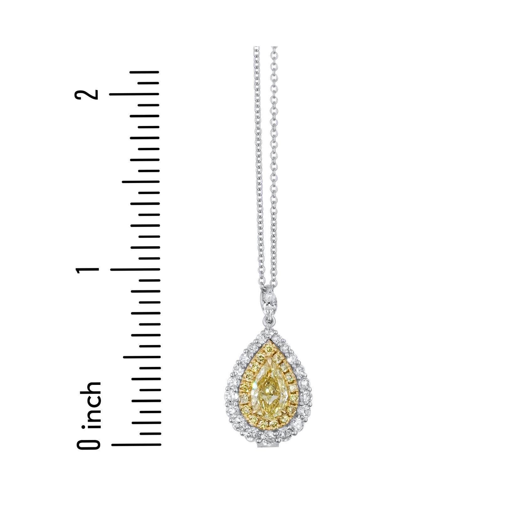 Pear Cut 1.41 Carat Total Weight Yellow Pear and Diamond Halo Pendant in 18k Gold ref2046 For Sale