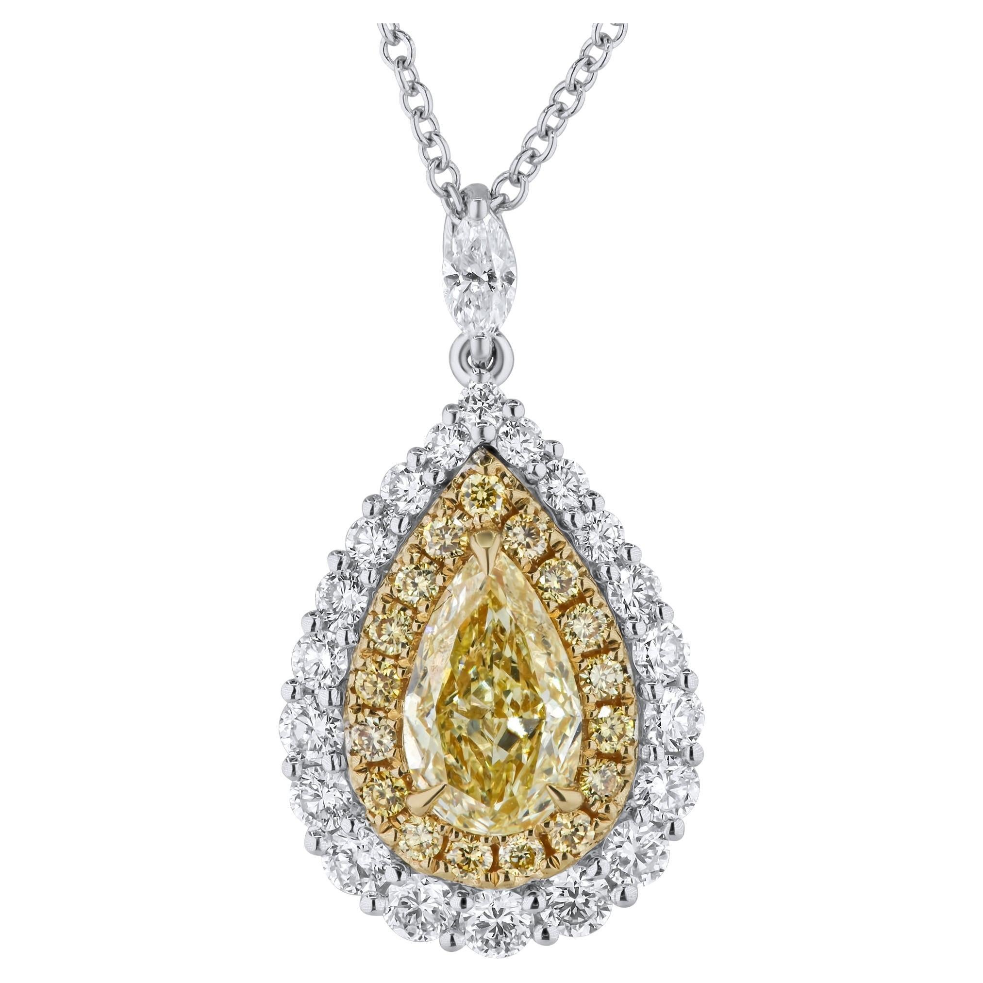 1.41 Carat Total Weight Yellow Pear and Diamond Halo Pendant in 18k Gold ref2046 For Sale