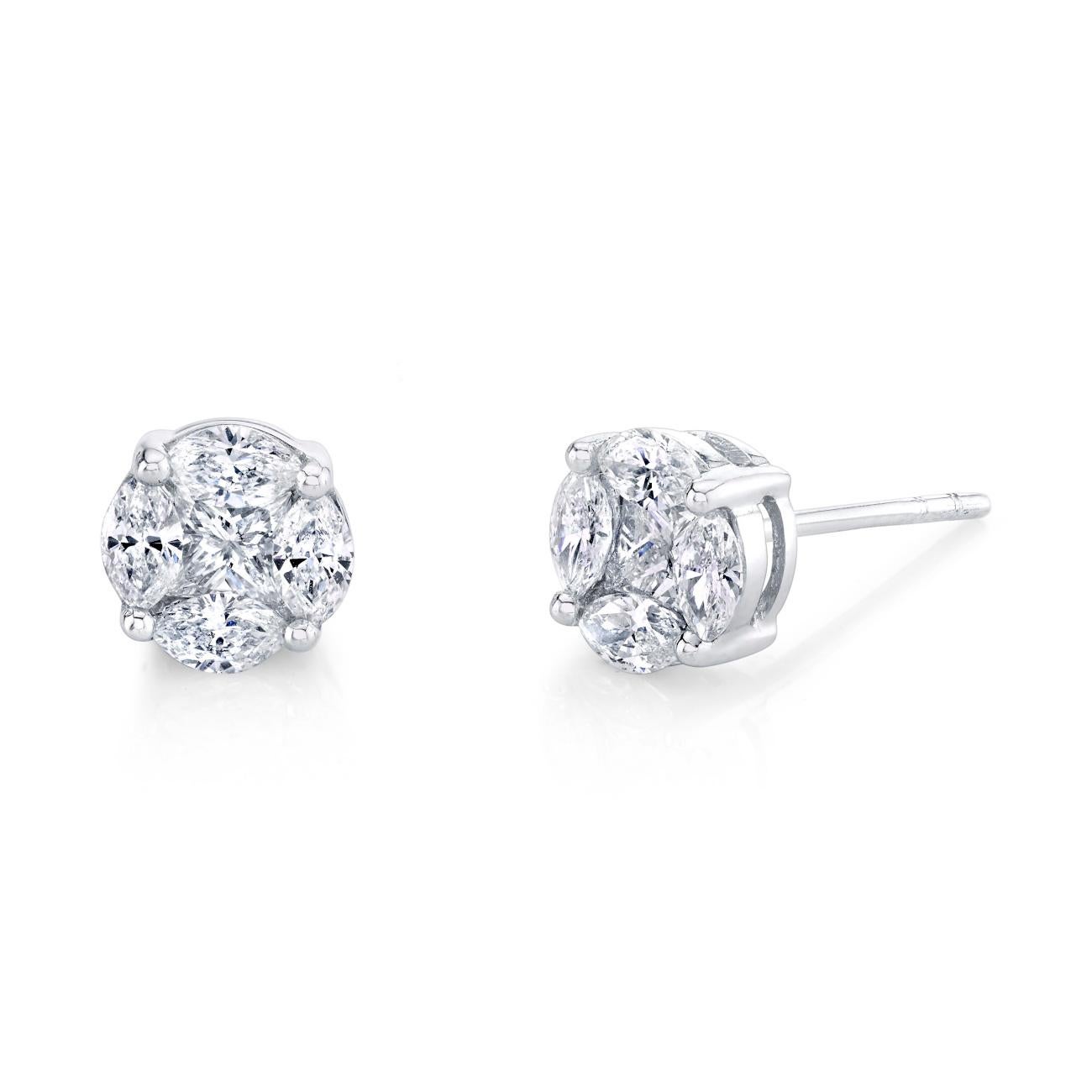 1.33 Carat T.W. Princess, Marquise Diamond, White Gold Illusion Stud Earrings For Sale 4