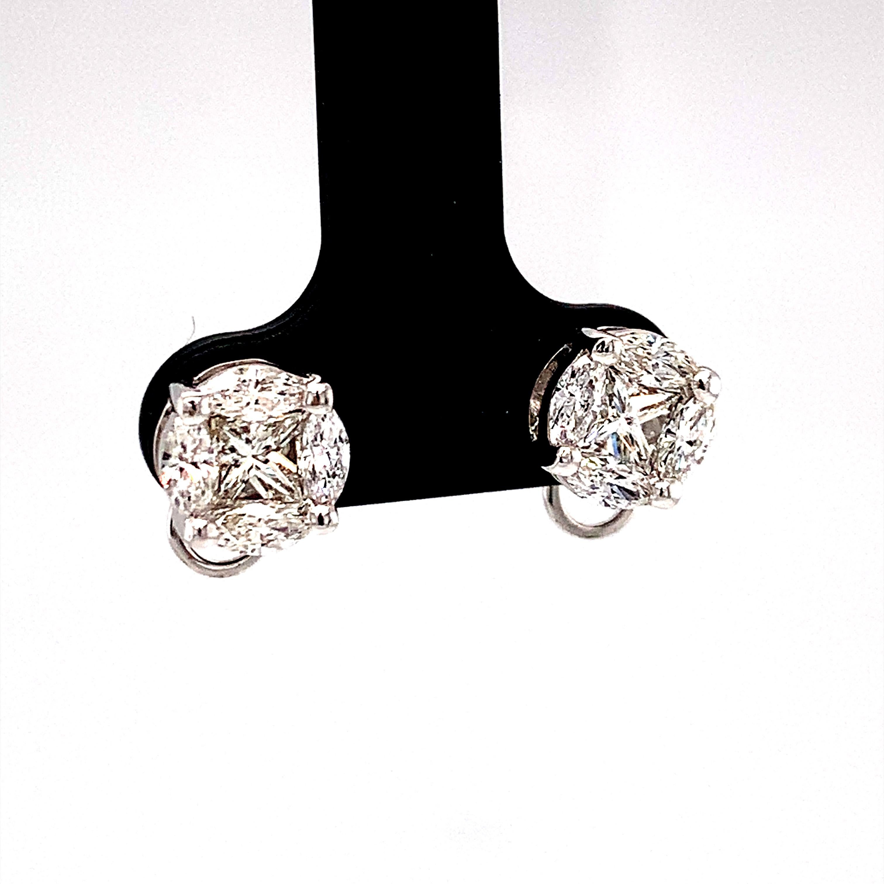 1.33 Carat T.W. Princess, Marquise Diamond, White Gold Illusion Stud Earrings For Sale 2