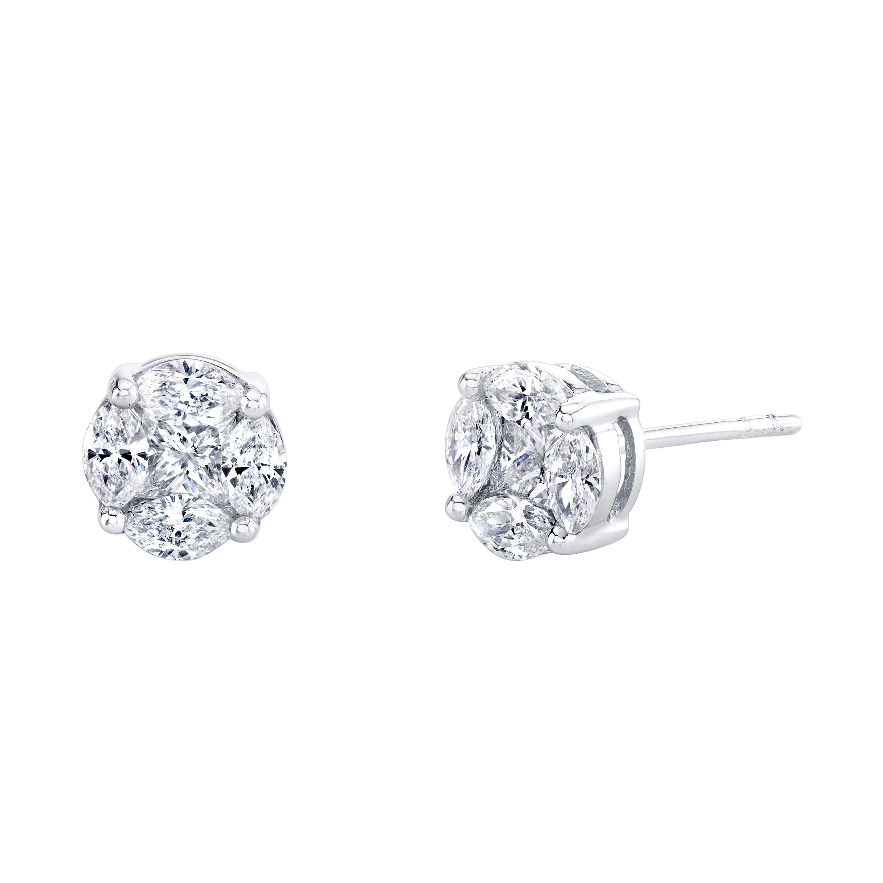 1.41 Carat T.W. Princess, Marquise Diamond, White Gold Illusion Stud Earrings