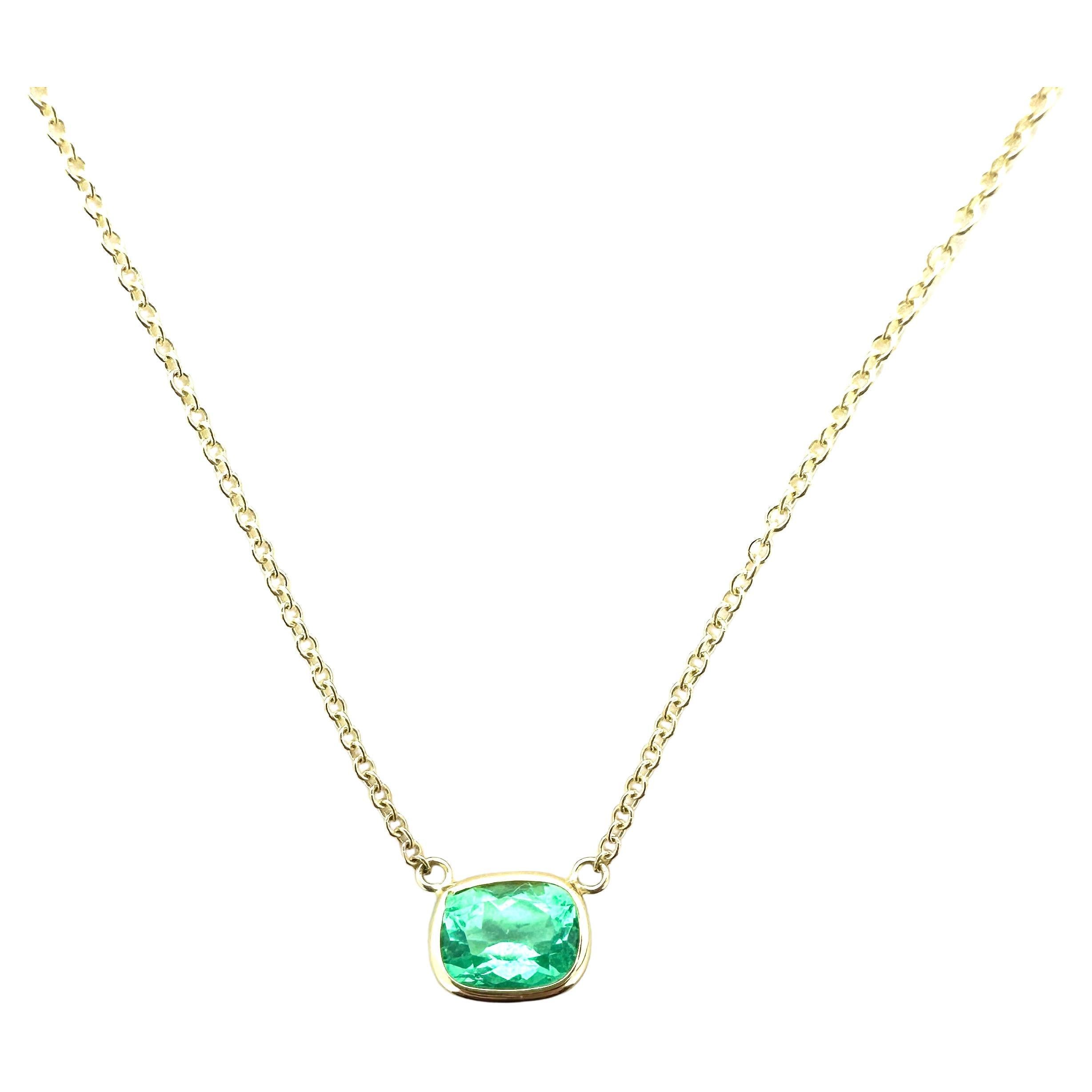 1.41 Carat Weight Green Emerald Long Cushion Cut Solitaire Necklace in 14k YG