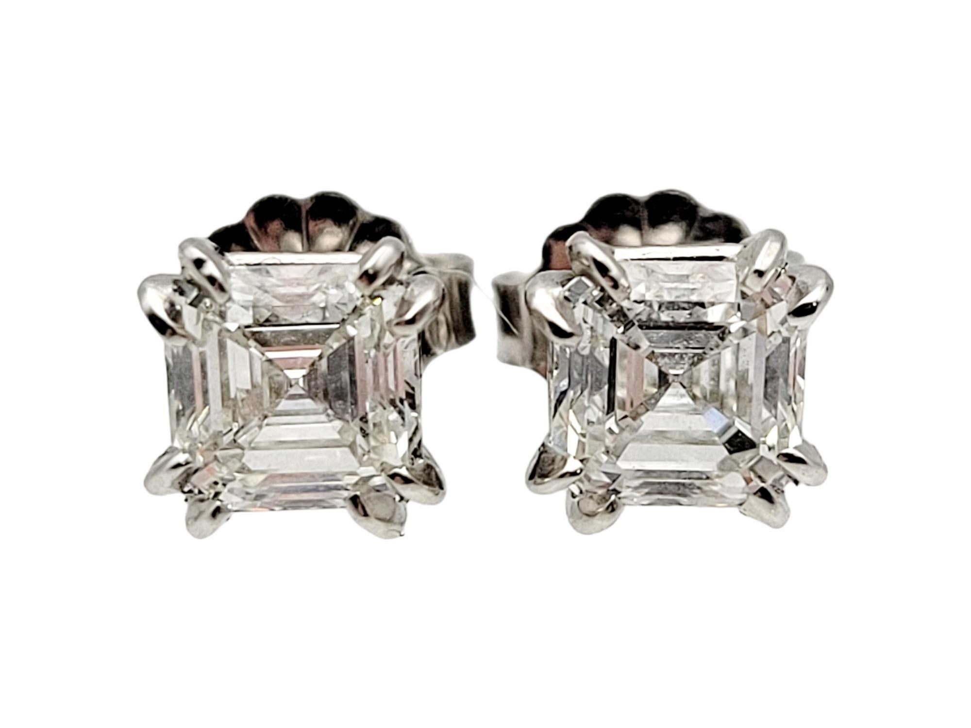 Contemporary 1.41 Carats Total Emerald Cut Solitaire Diamond Stud Earrings White Gold GIA For Sale