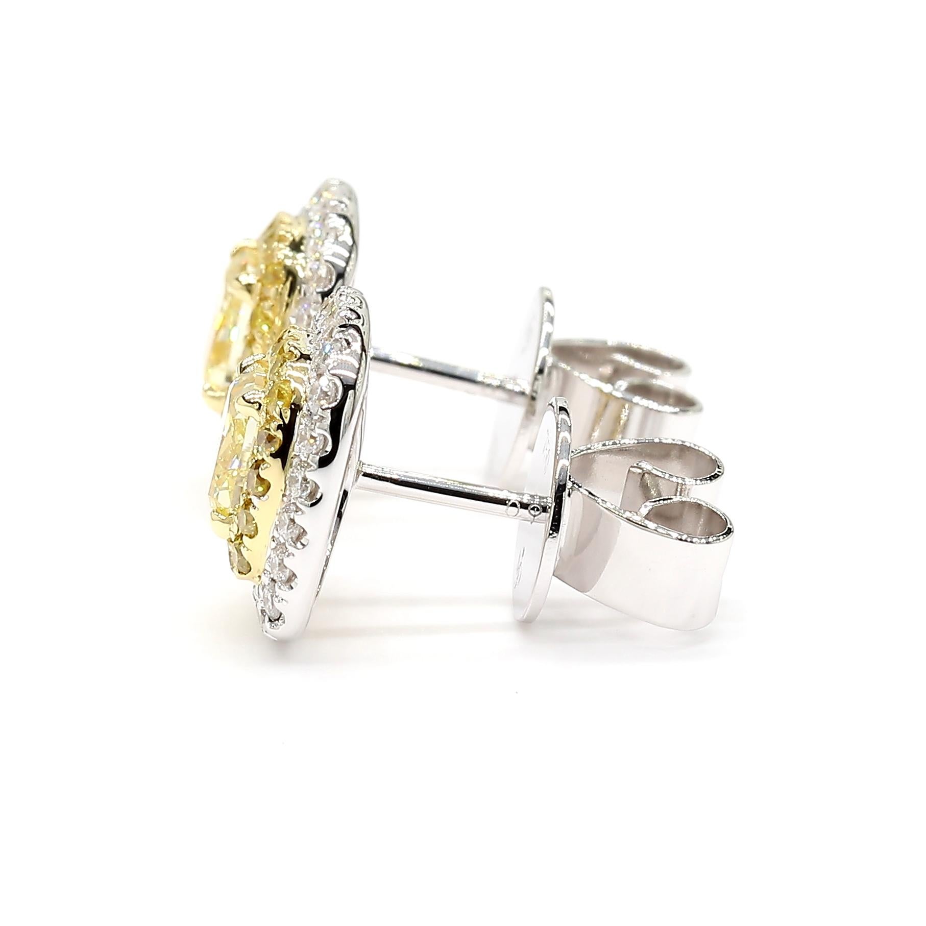 Cushion Cut 1.41 Carats Total Fancy Yellow Stud Earrings Double Halo 18K *Natural Diamonds*
