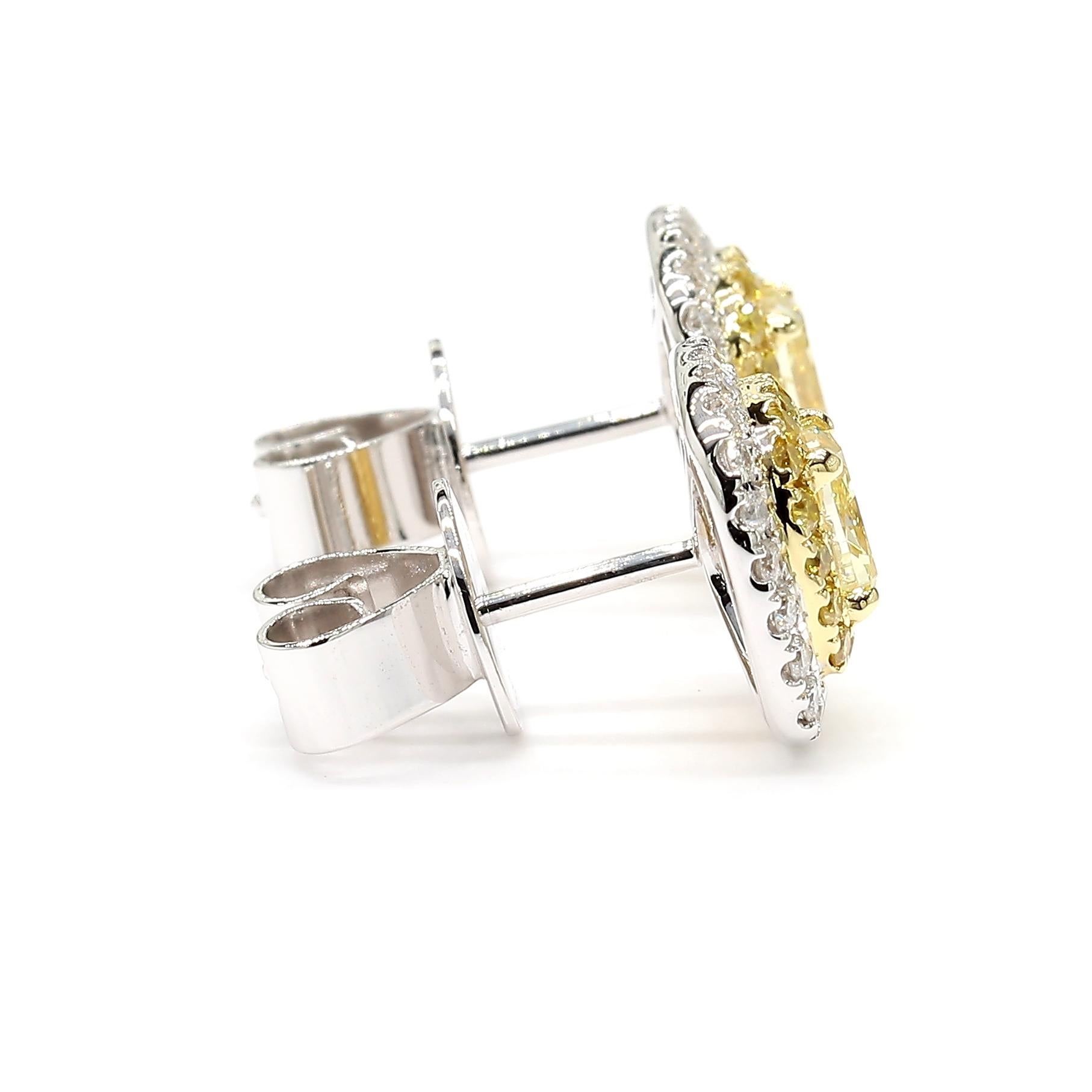 1.41 Carats Total Fancy Yellow Stud Earrings Double Halo 18K *Natural Diamonds* 2