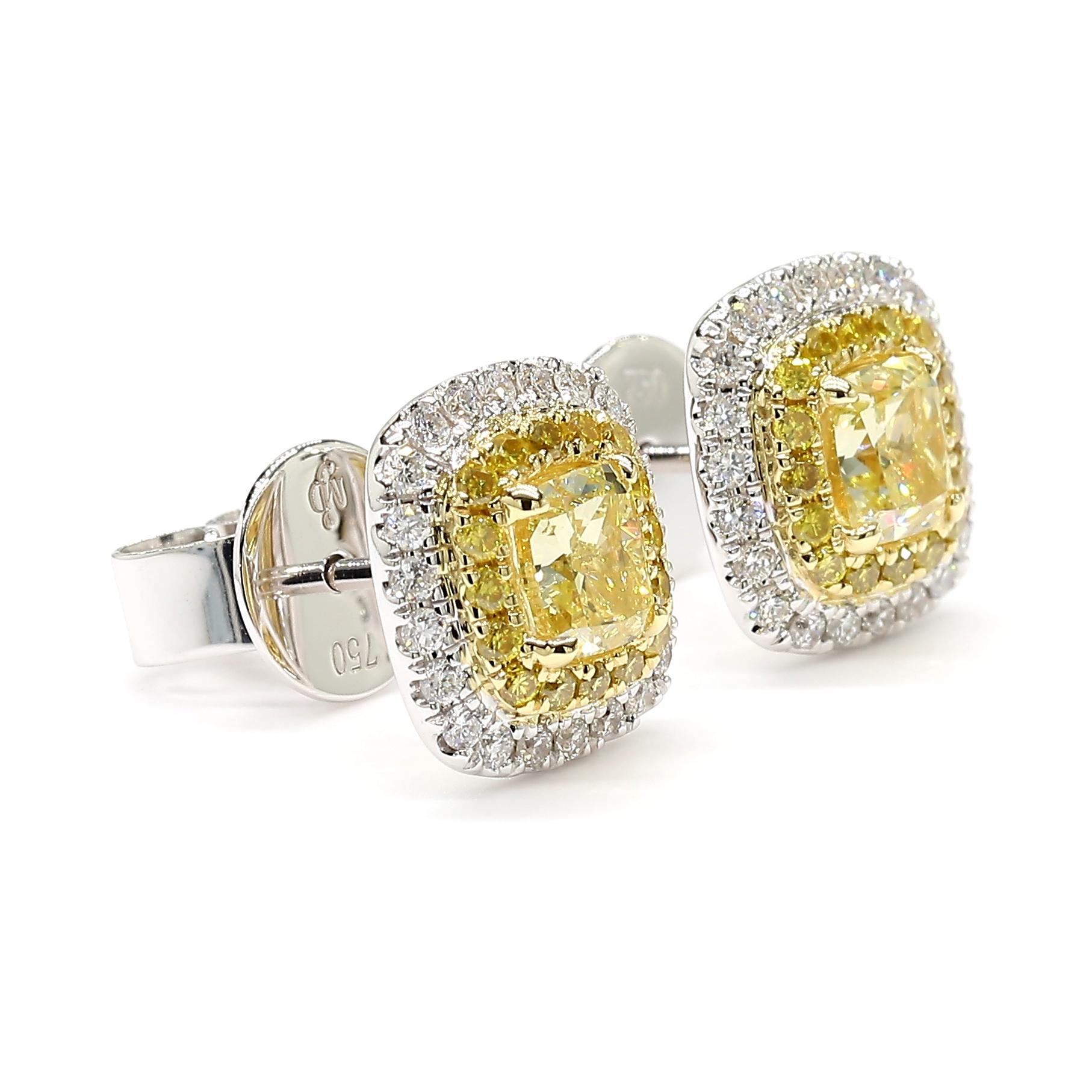 1.41 Carats Total Fancy Yellow Stud Earrings Double Halo 18K *Natural Diamonds* 3