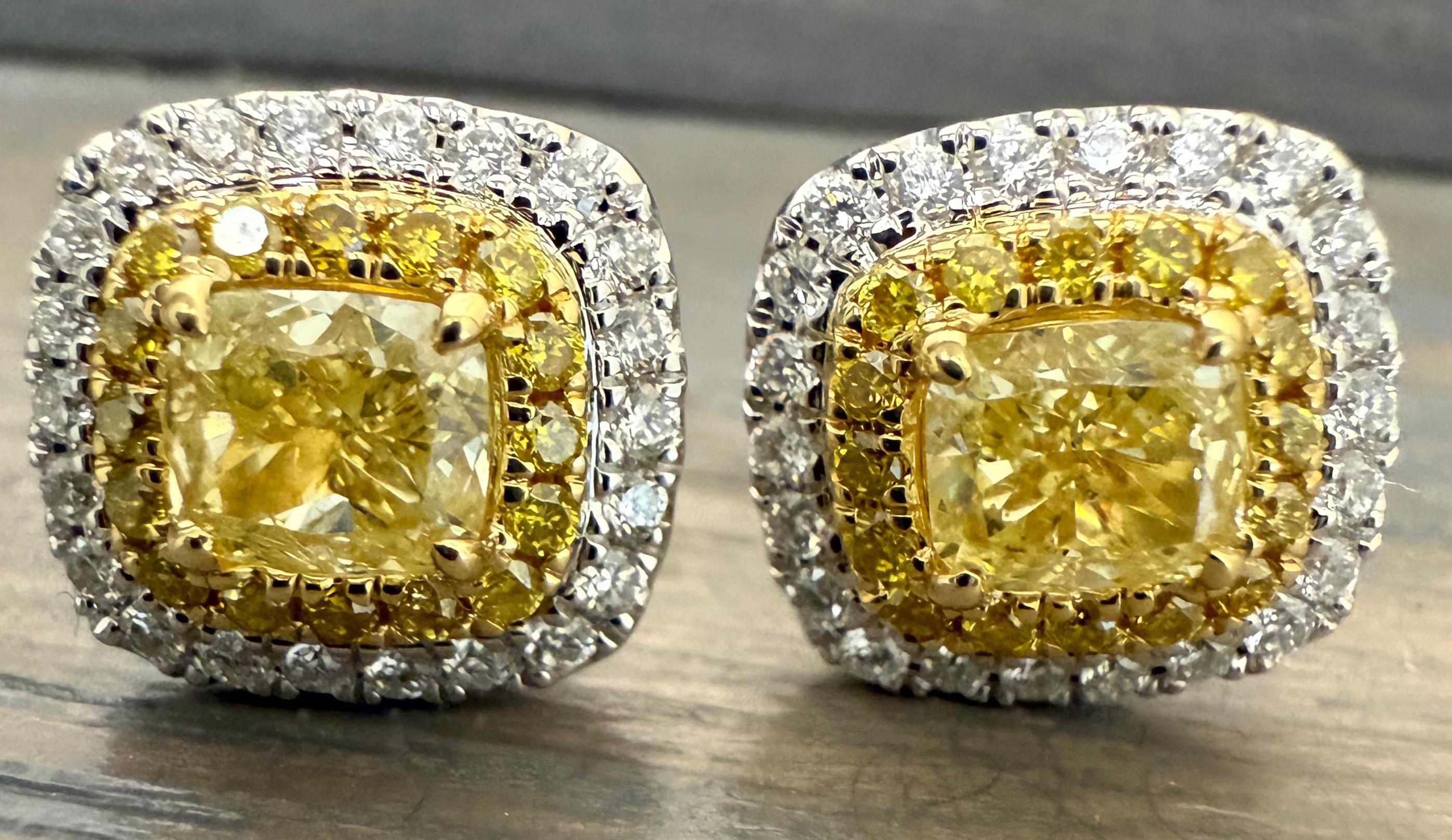 1.41 Carats Total Fancy Yellow Stud Earrings Double Halo 18K *Natural Diamonds* 4