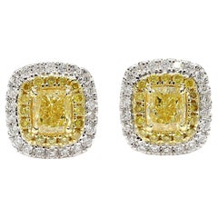 1.41 Carats Total Fancy Yellow Stud Earrings Double Halo 18K *Natural Diamonds*