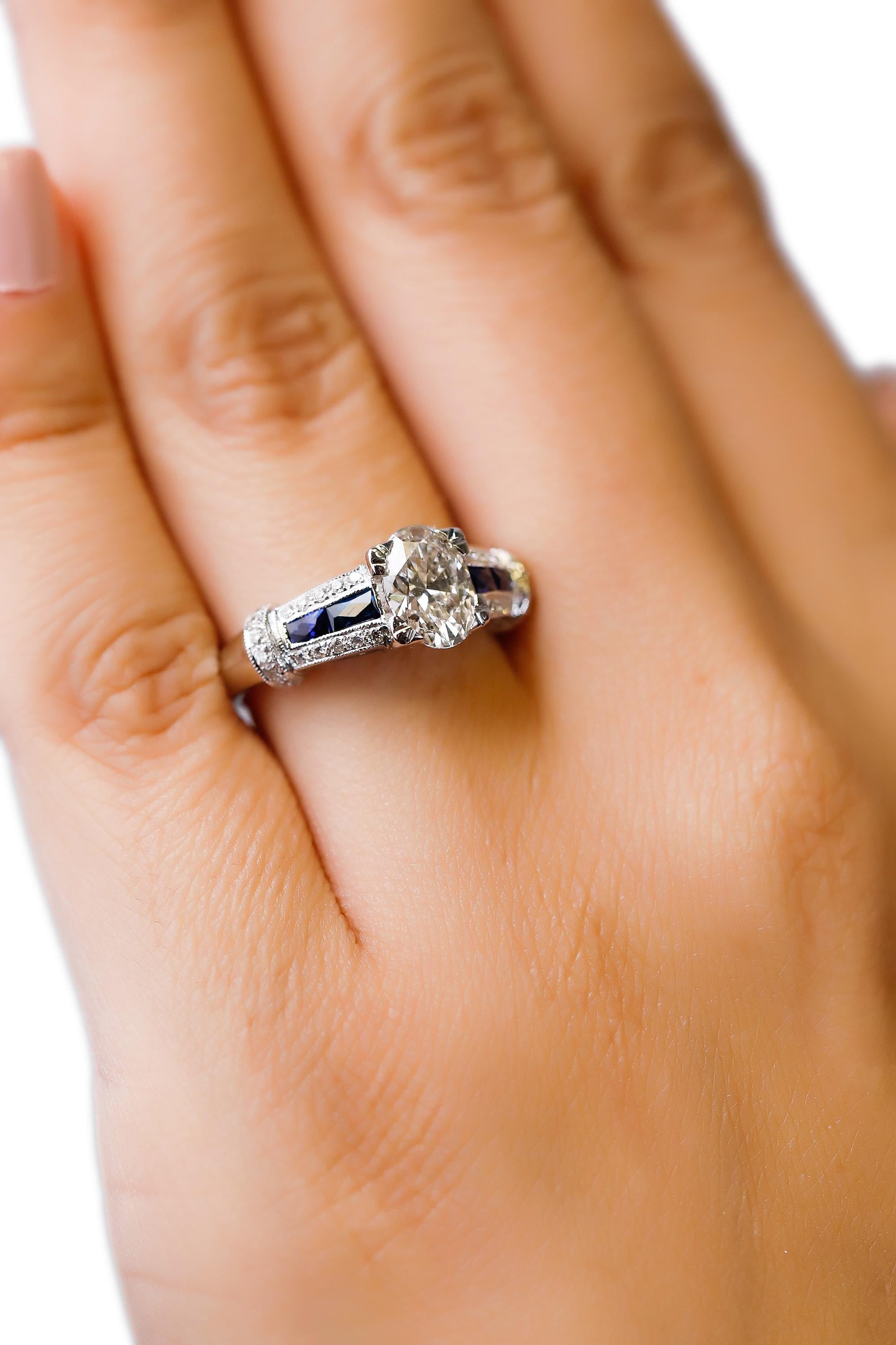 Oval Cut 1.41 Carat Diamond 0.42ct Blue Sapphire 18 Karat White Gold Fine Ring Engagement For Sale