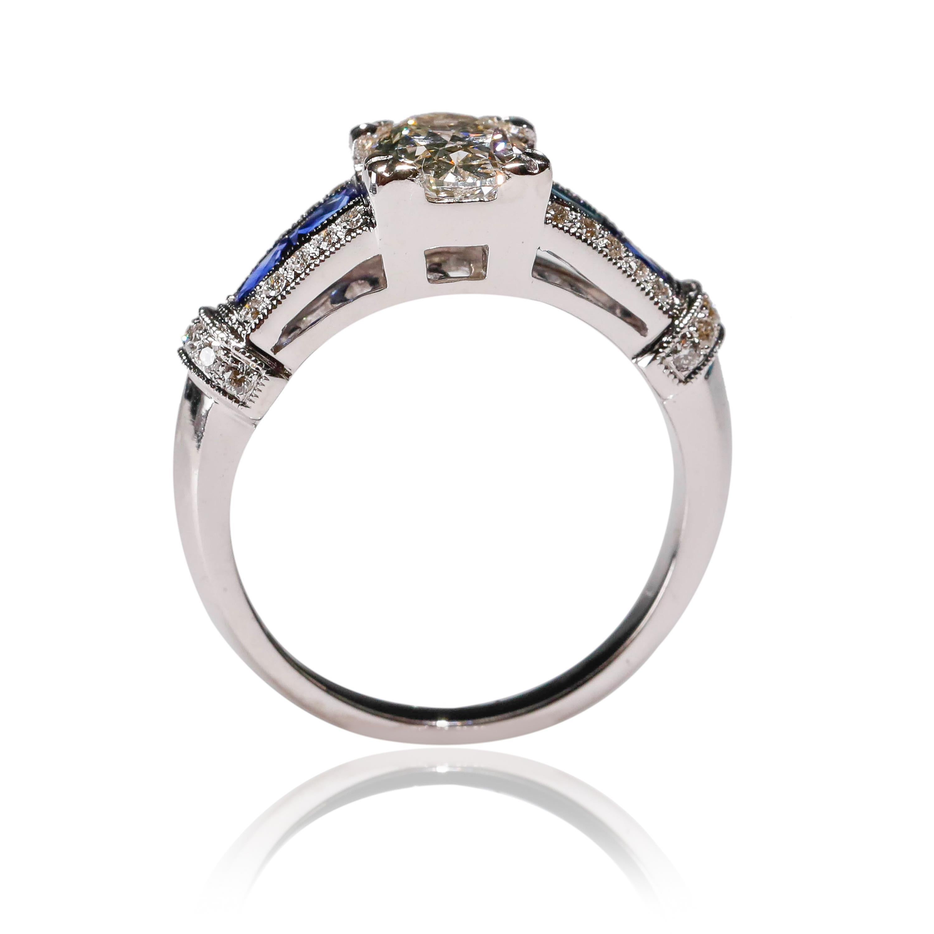 Contemporary 1.41 Carat Diamond 0.42ct Blue Sapphire 18 Karat White Gold Fine Ring Engagement For Sale