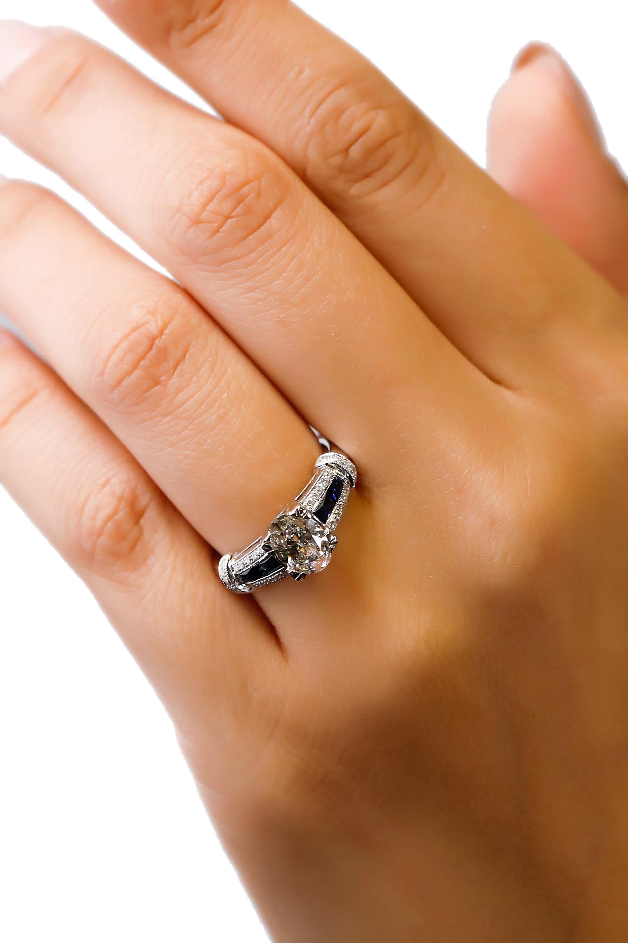 Women's 1.41 Carat Diamond 0.42ct Blue Sapphire 18 Karat White Gold Fine Ring Engagement For Sale