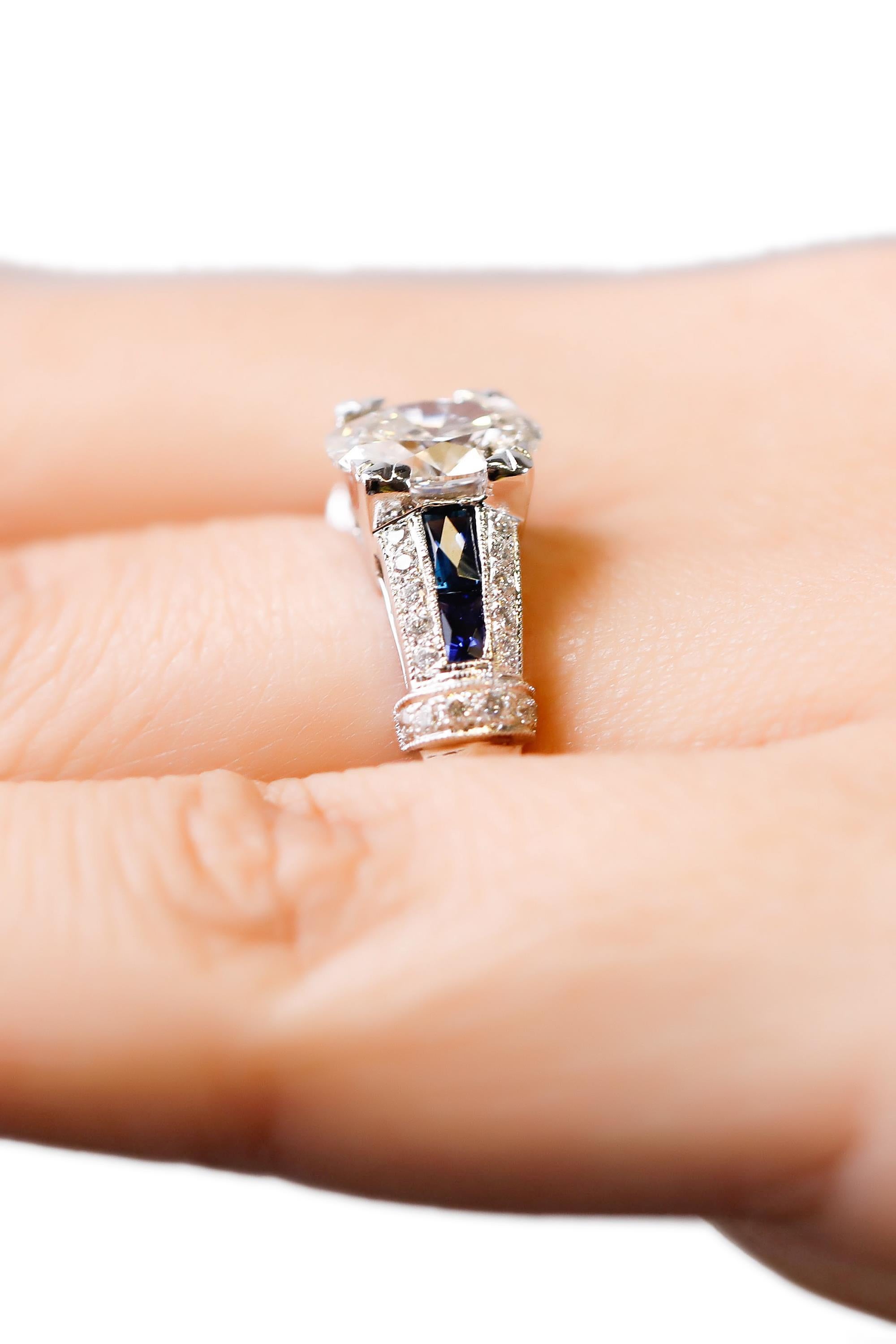 1.41 Carat Diamond 0.42ct Blue Sapphire 18 Karat White Gold Fine Ring Engagement For Sale 1
