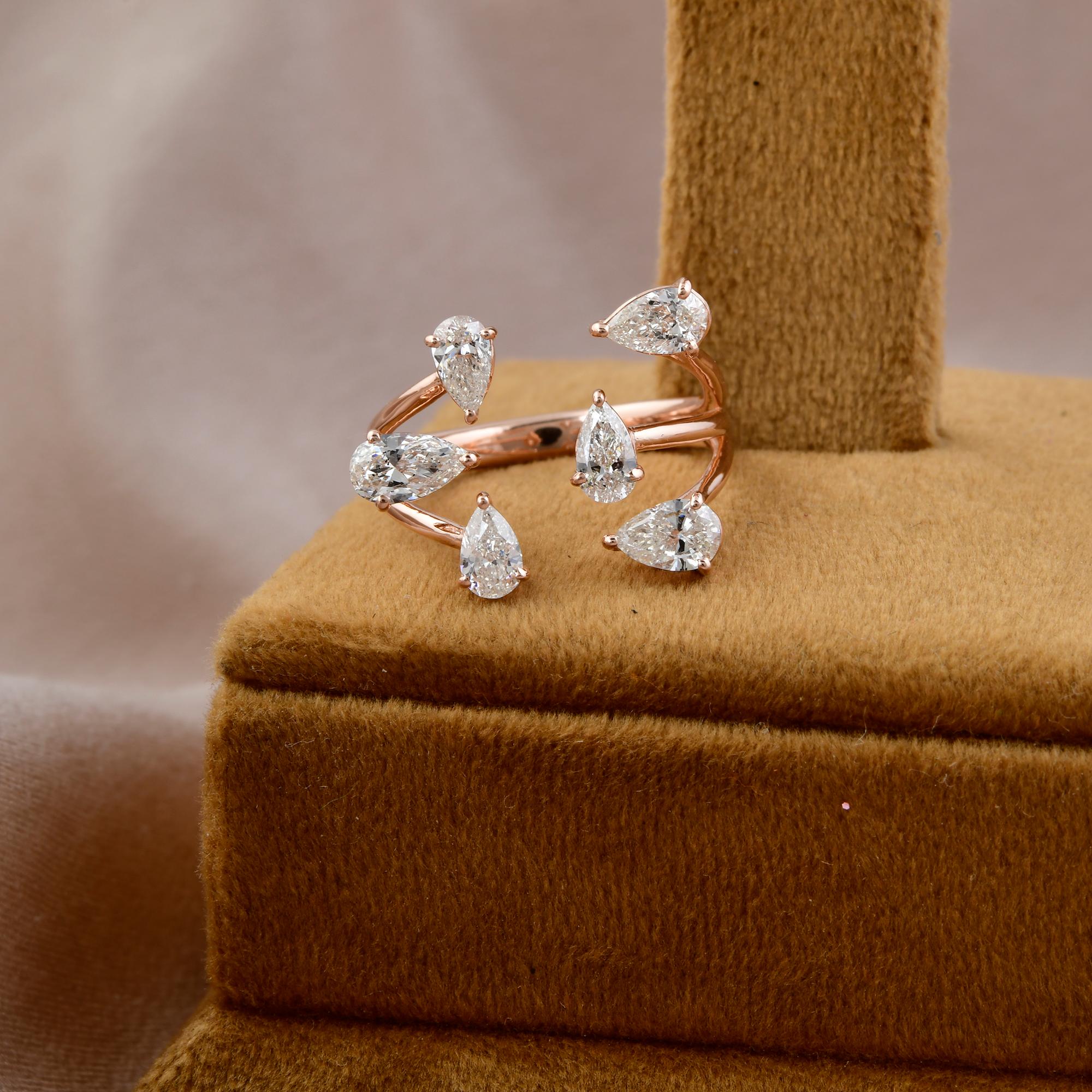 Pear Cut 1.41 Ct. Pear Shape Diamond Triple Line Cuff Ring 14 Karat Rose Gold Jewelry For Sale