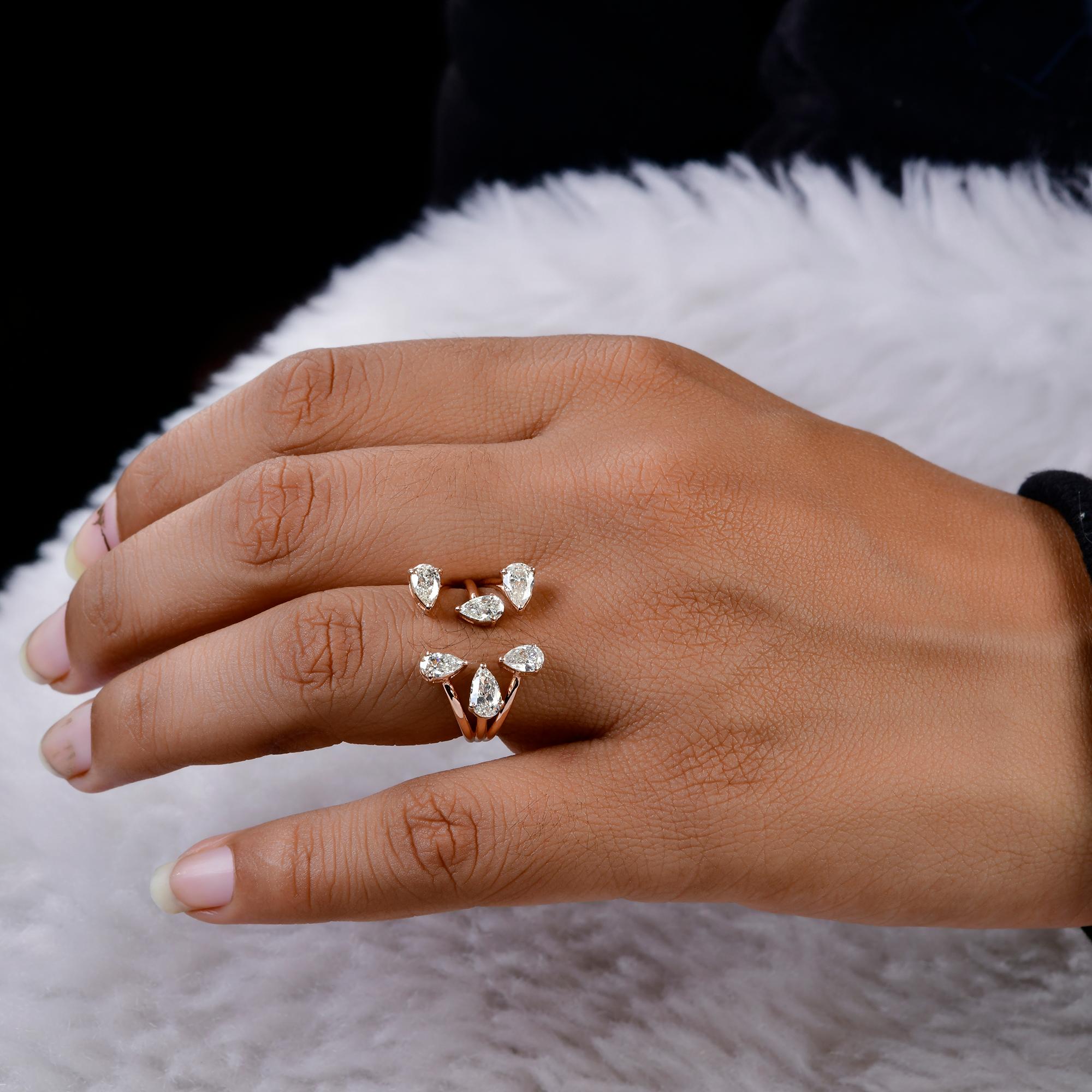 Women's 1.41 Ct. Pear Shape Diamond Triple Line Cuff Ring 14 Karat Rose Gold Jewelry For Sale