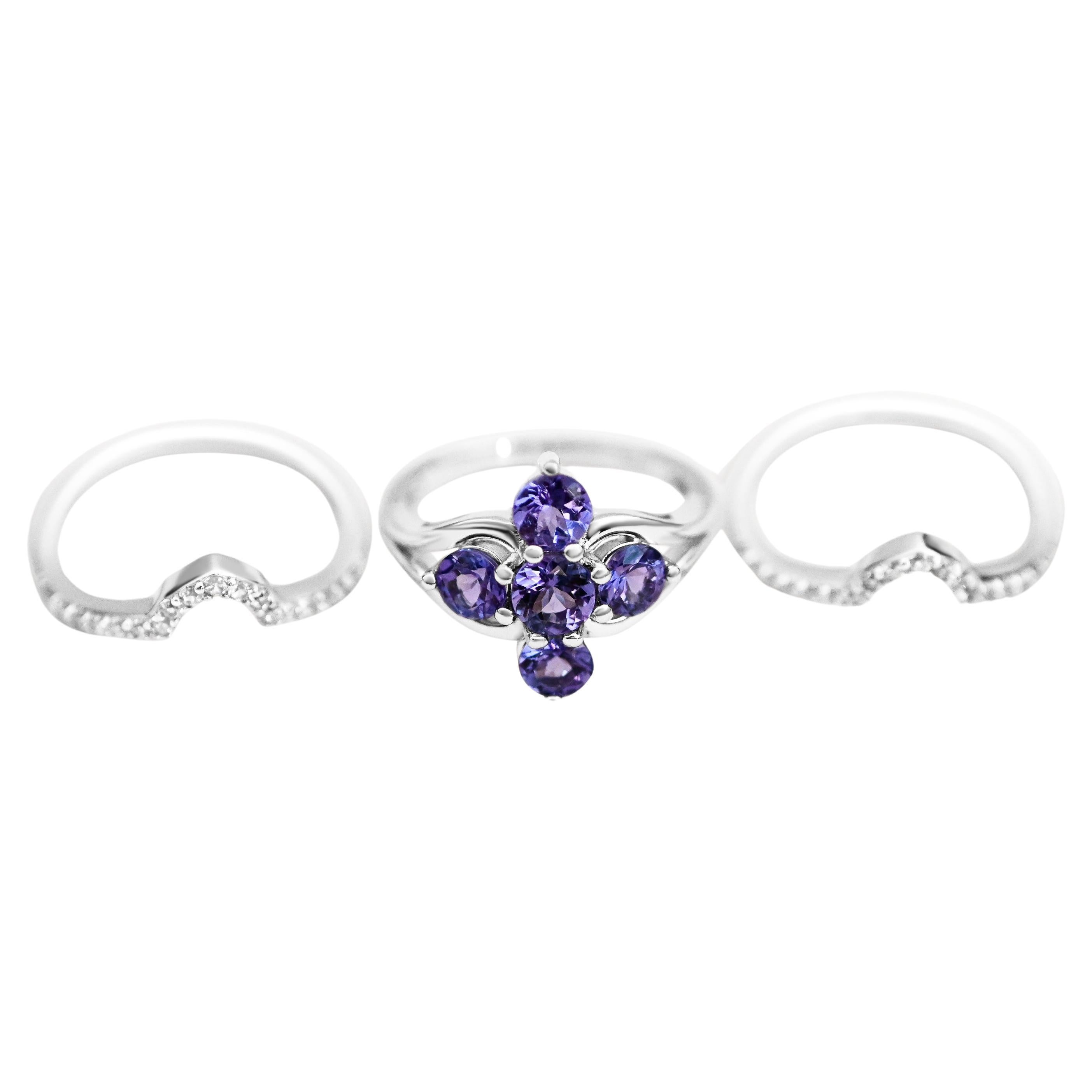 1.41 Ct Tanzanite Ring 925 Sterling Silver Rhodium Plated Fashion Rings For Sale