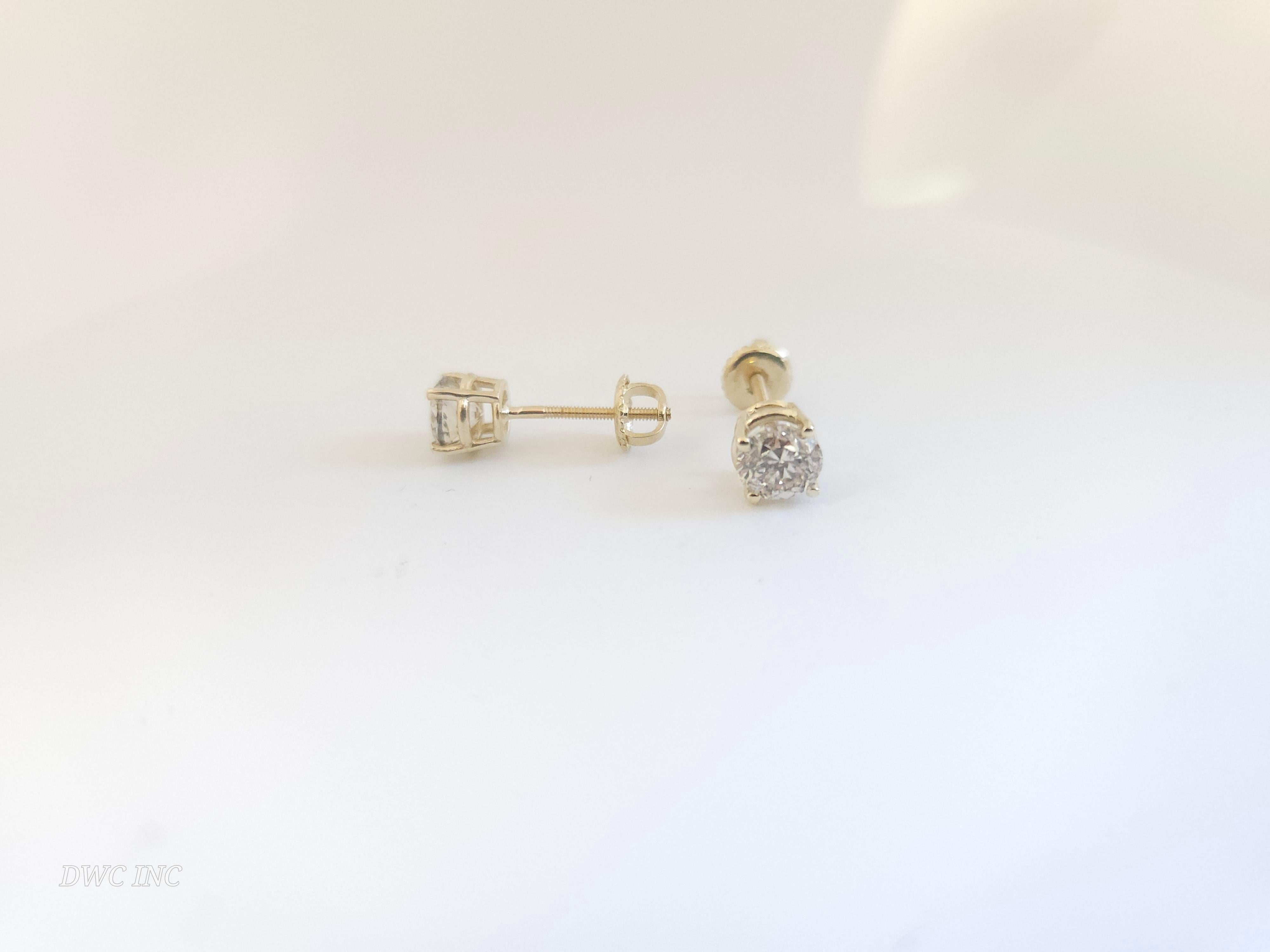1.41 Ctw Natural Diamond Round Square back Studs Yellow Gold For Sale 1