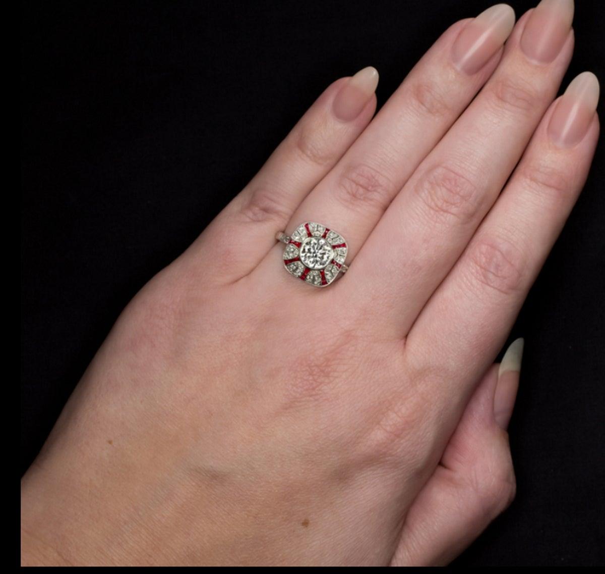 1.41 Old Cut Diamond Art Deco Style Engagement Ring Ruby Platinum 2