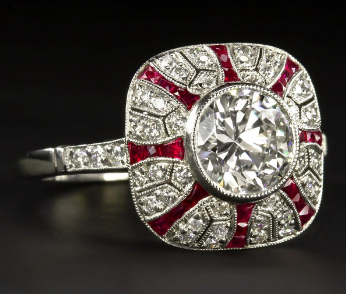 1.41 Old Cut Diamond Art Deco Style Engagement Ring Ruby Platinum 4