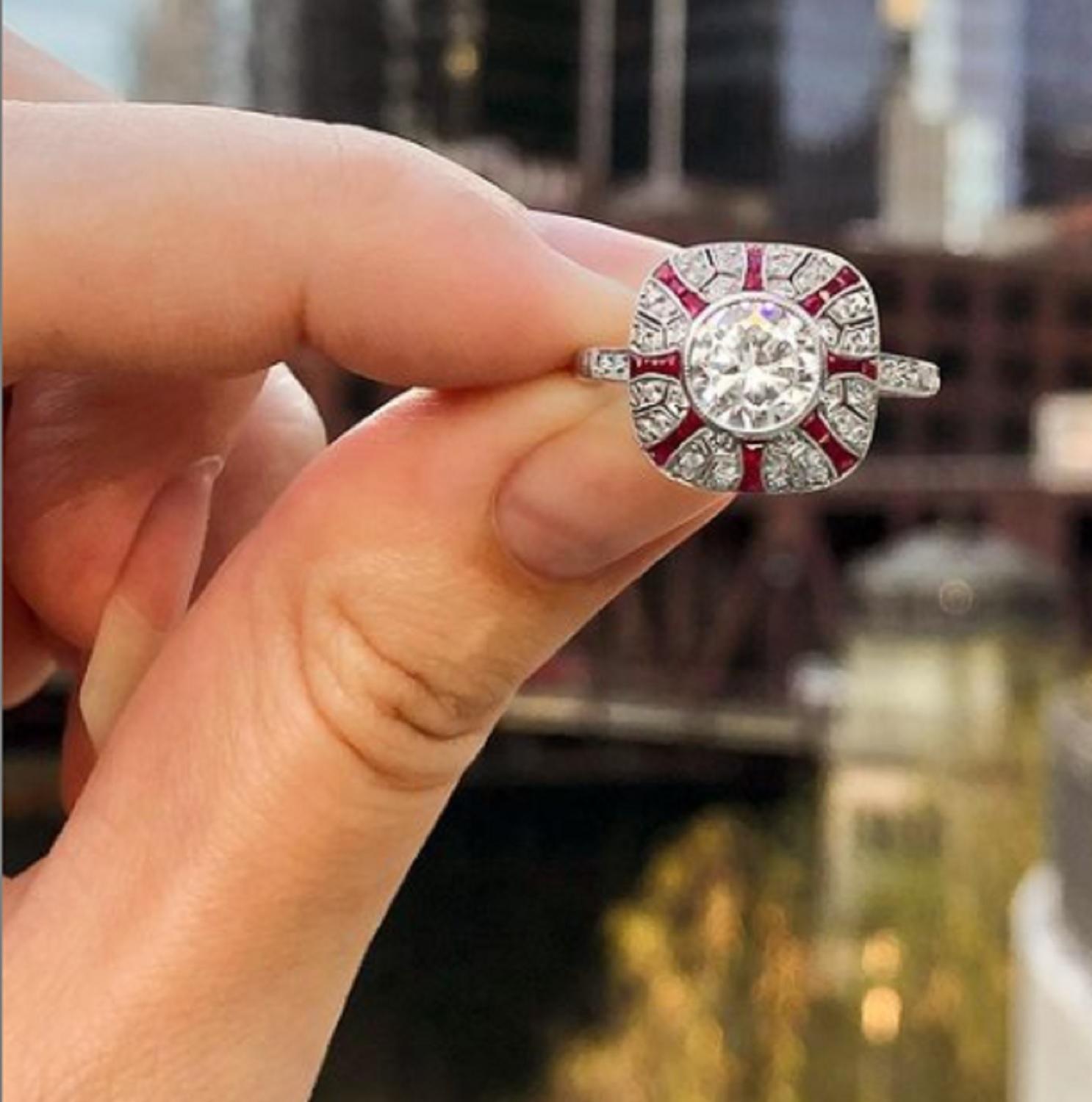 1.41 Old Cut Diamond Art Deco Style Engagement Ring Ruby Platinum 5