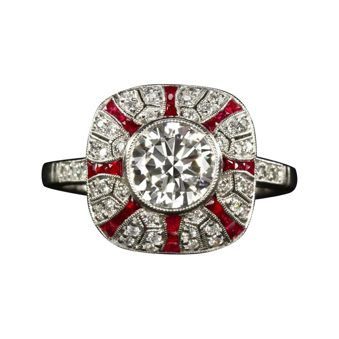 1.41 Old Cut Diamond Art Deco Style Engagement Ring Ruby Platinum