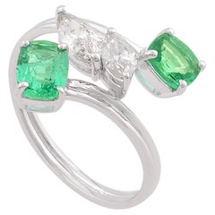 1.41 TCW Natural Emerald Diamond By Pass Wedding Ring Gift 18 Karat White Gold