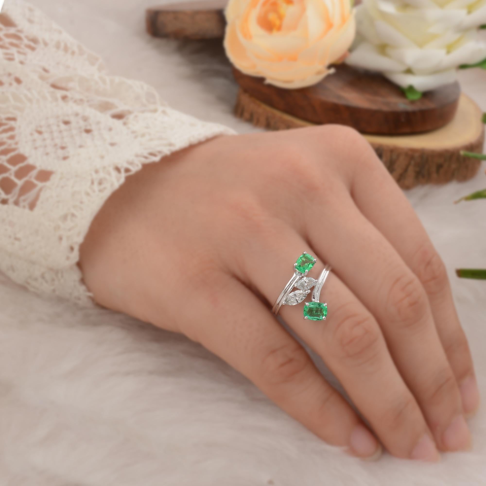 Women's 1.41 TCW Natural Emerald Gemstone Wrap Ring Marquise Diamond 18 Karat White Gold For Sale