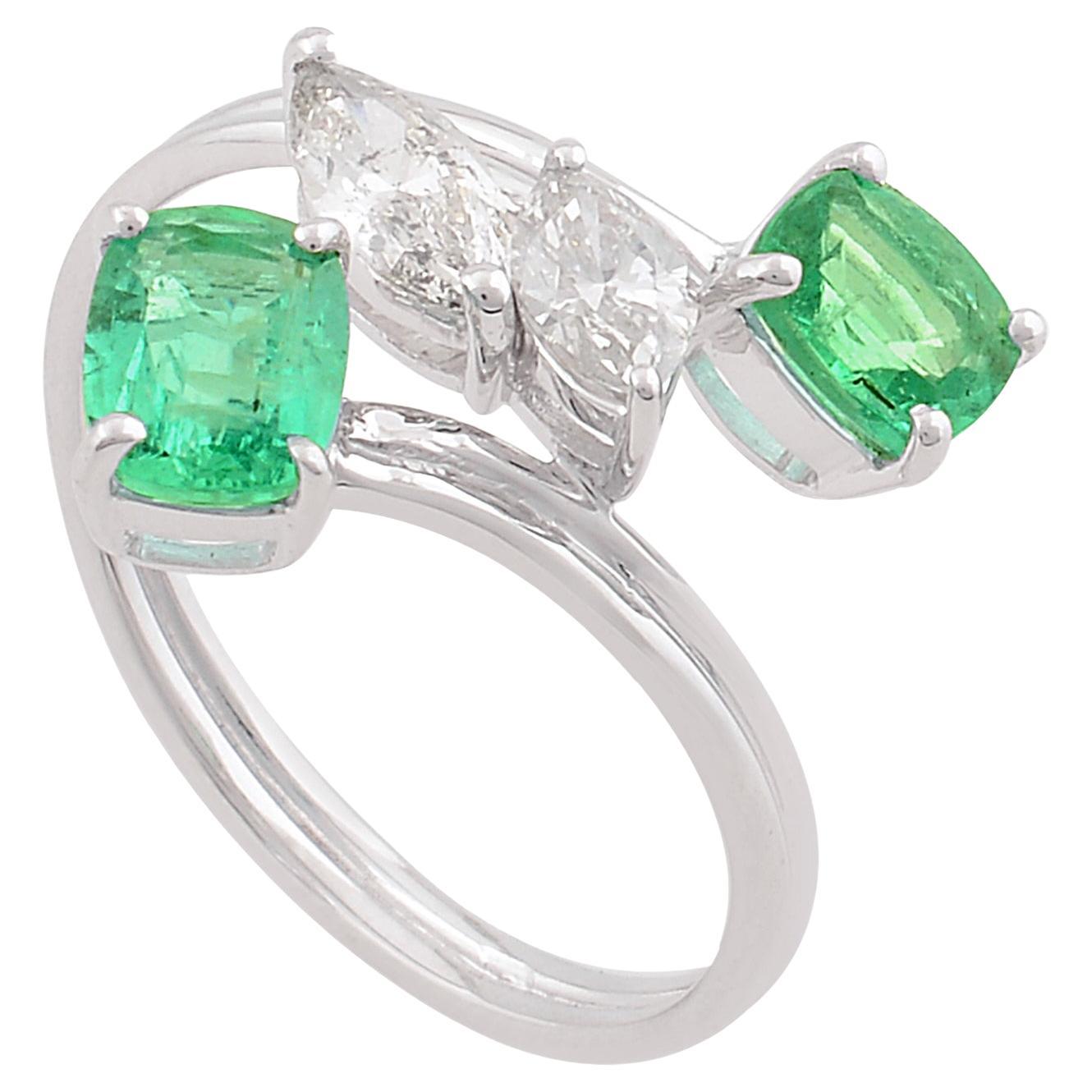 1.41 TCW Natural Emerald Gemstone Wrap Ring Marquise Diamond 18 Karat White Gold