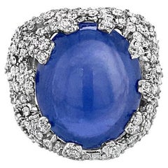 Bague cocktail en saphir bleu double cabochon de 14,10 carats et diamants de 1,46 carat 