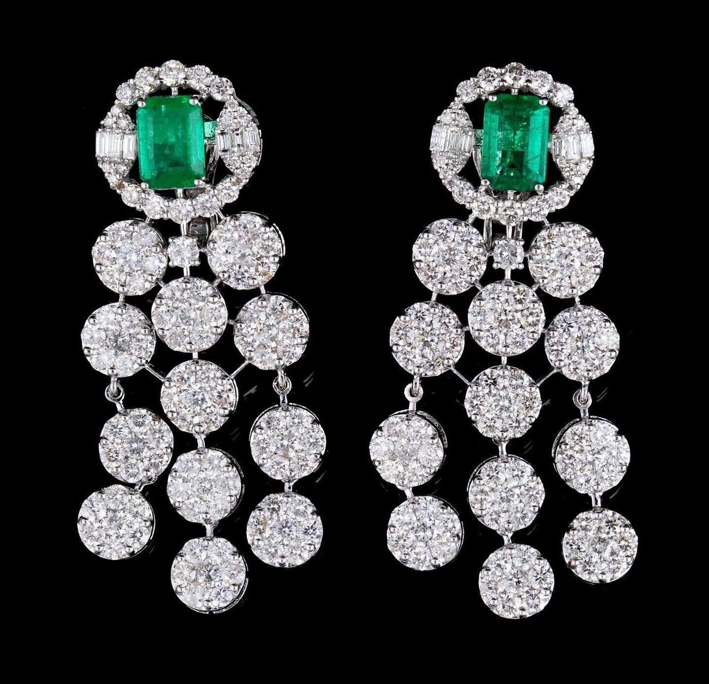 Mixed Cut 14.10 carat Diamond 3.60 carat Emerald 14 Karat White Gold Chandelier Earrings For Sale