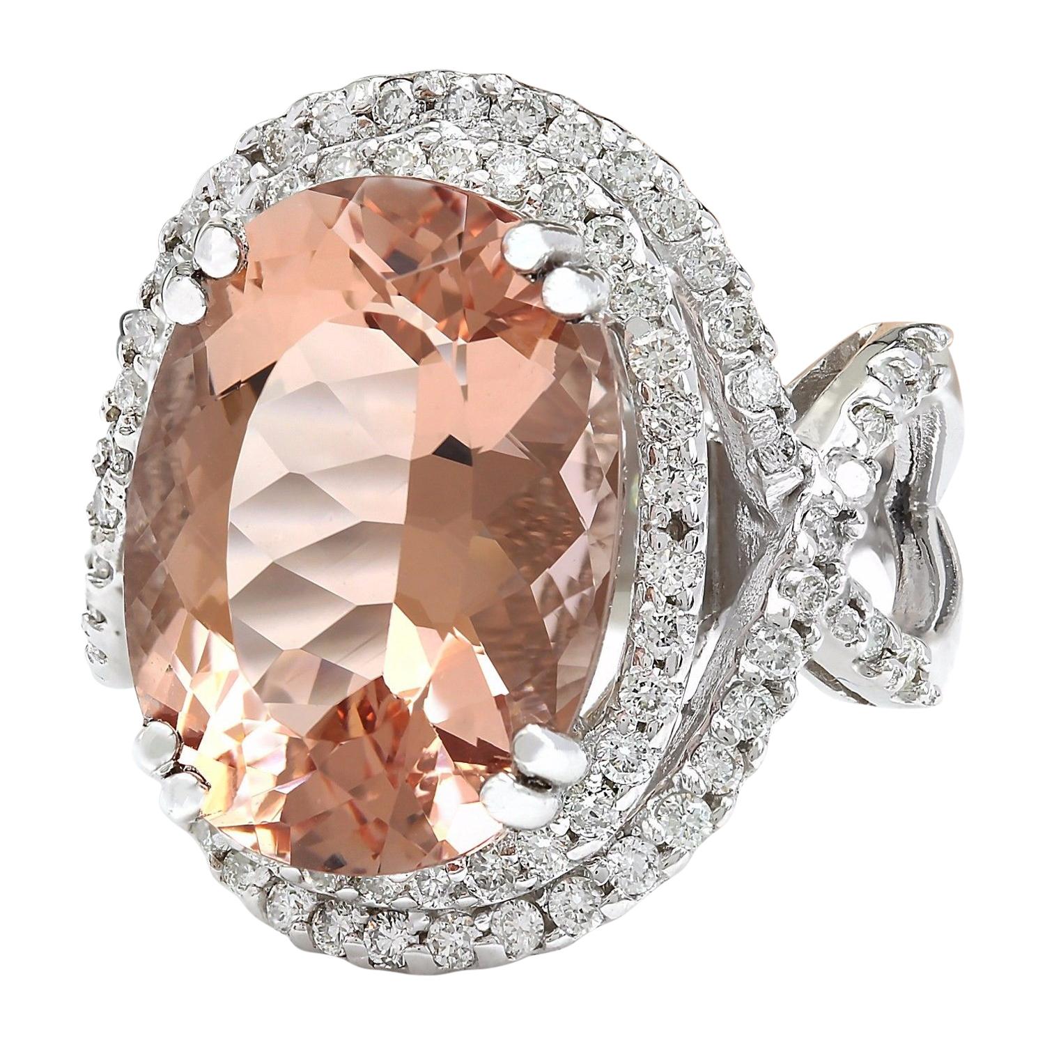 14.10 Carat  Morganite 18K Solid White Gold Diamond Ring
Item Type: Ring
Item Style: Cocktail
Material: 18K White Gold
Mainstone: Morganite
Stone Color: Peach
Stone Weight: 12.80 Carat
Stone Shape: Oval
Stone Quantity: 1
Stone Dimensions: