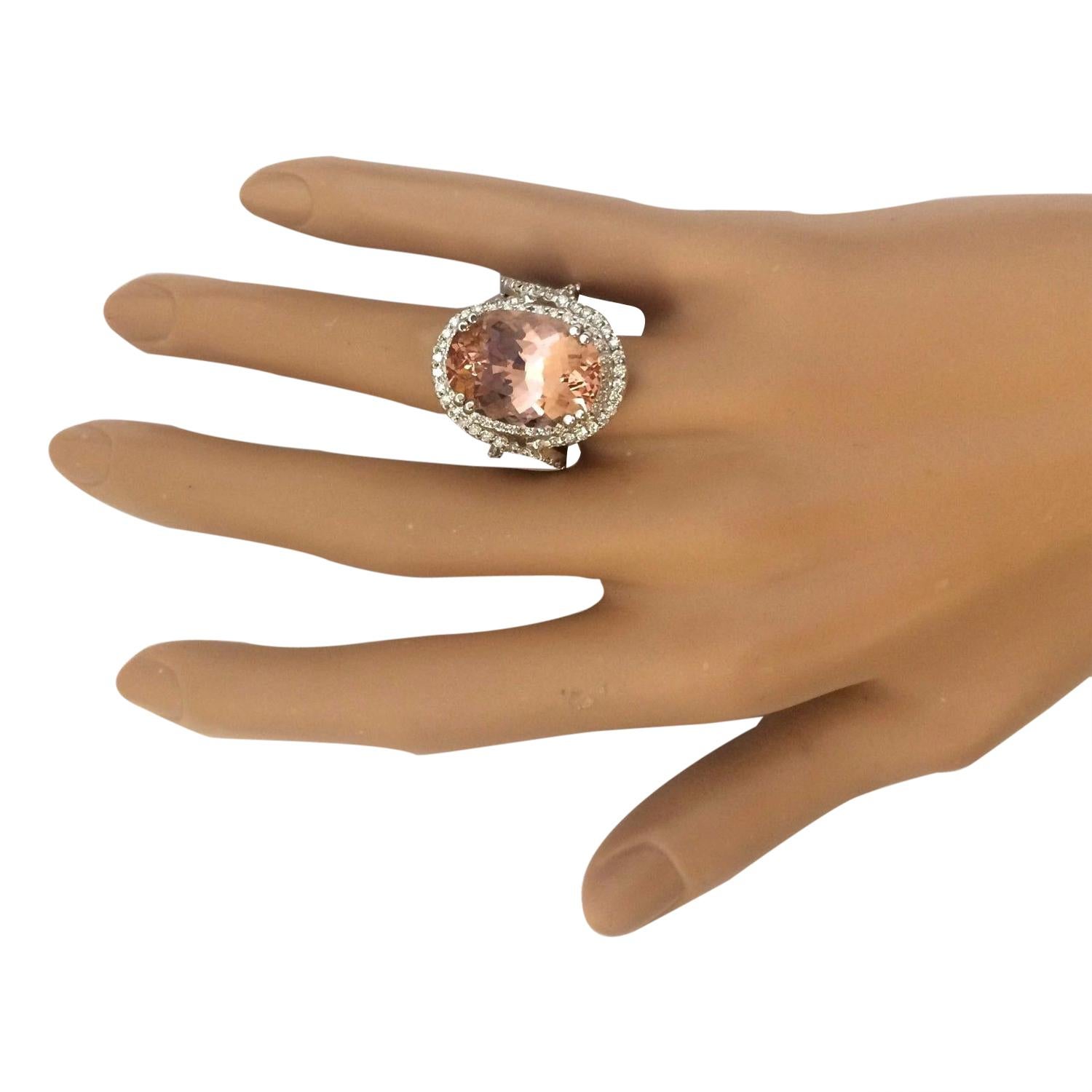 14.10 Carat Morganite 18 Karat Solid White Gold Diamond Ring For Sale 2