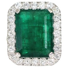 14.10 Carat Natural Emerald Halo Ring With Yellow Diamond Shank Detail 18K Gold 
