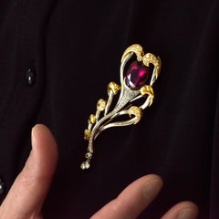 14.10 Carat Natural Rhodolite Garnet & Diamond Brooch Made in Platinum/18K Gold