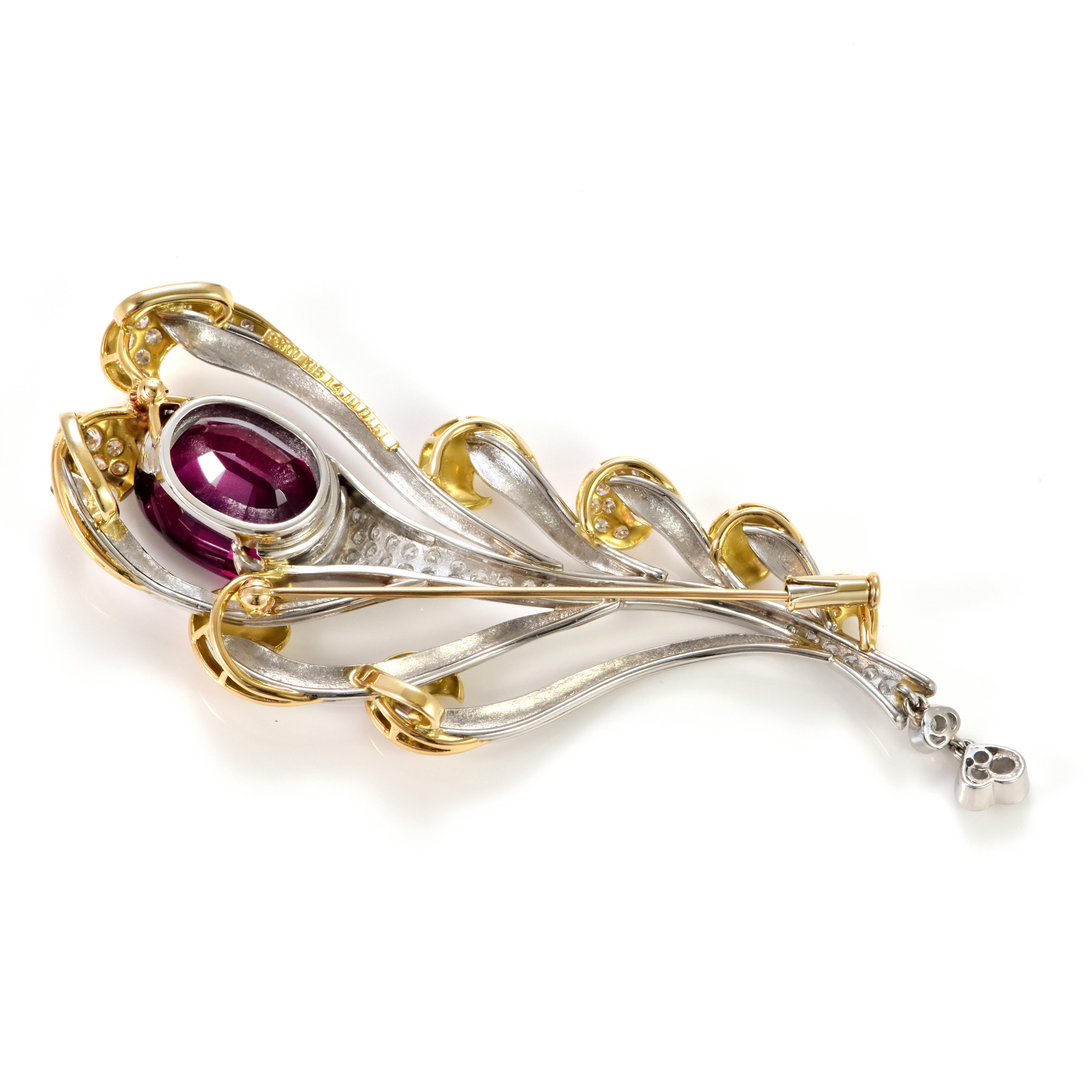 14.10 Carat Natural Rhodolite Garnet & Diamond Brooch Made in Platinum/18K Gold für Damen oder Herren im Angebot