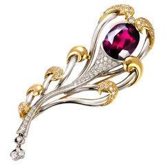 14.10 Carat Natural Rhodolite Garnet & Diamond Brooch Made in Platinum/18K Gold