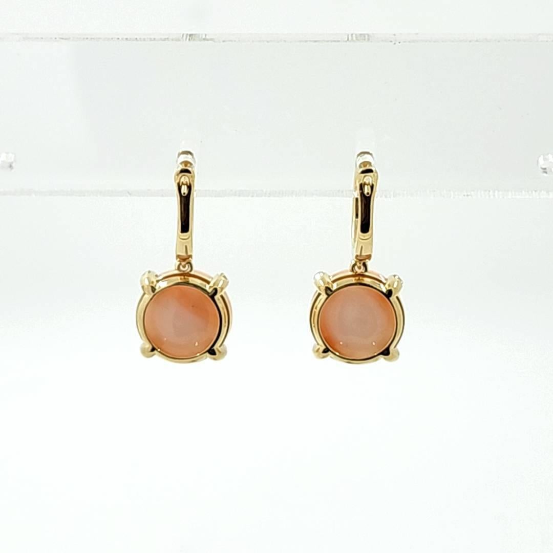 Cabochon 14.10Ct Coral and Diamond Drop Earring in 18K Yellow Gold For Sale