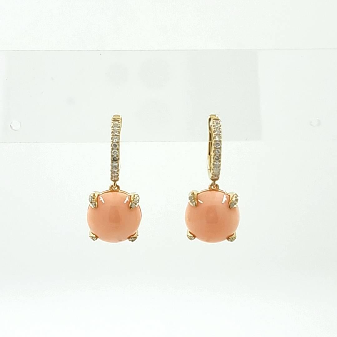 Women's 14.10Ct Coral and Diamond Drop Earring in 18K Yellow Gold For Sale