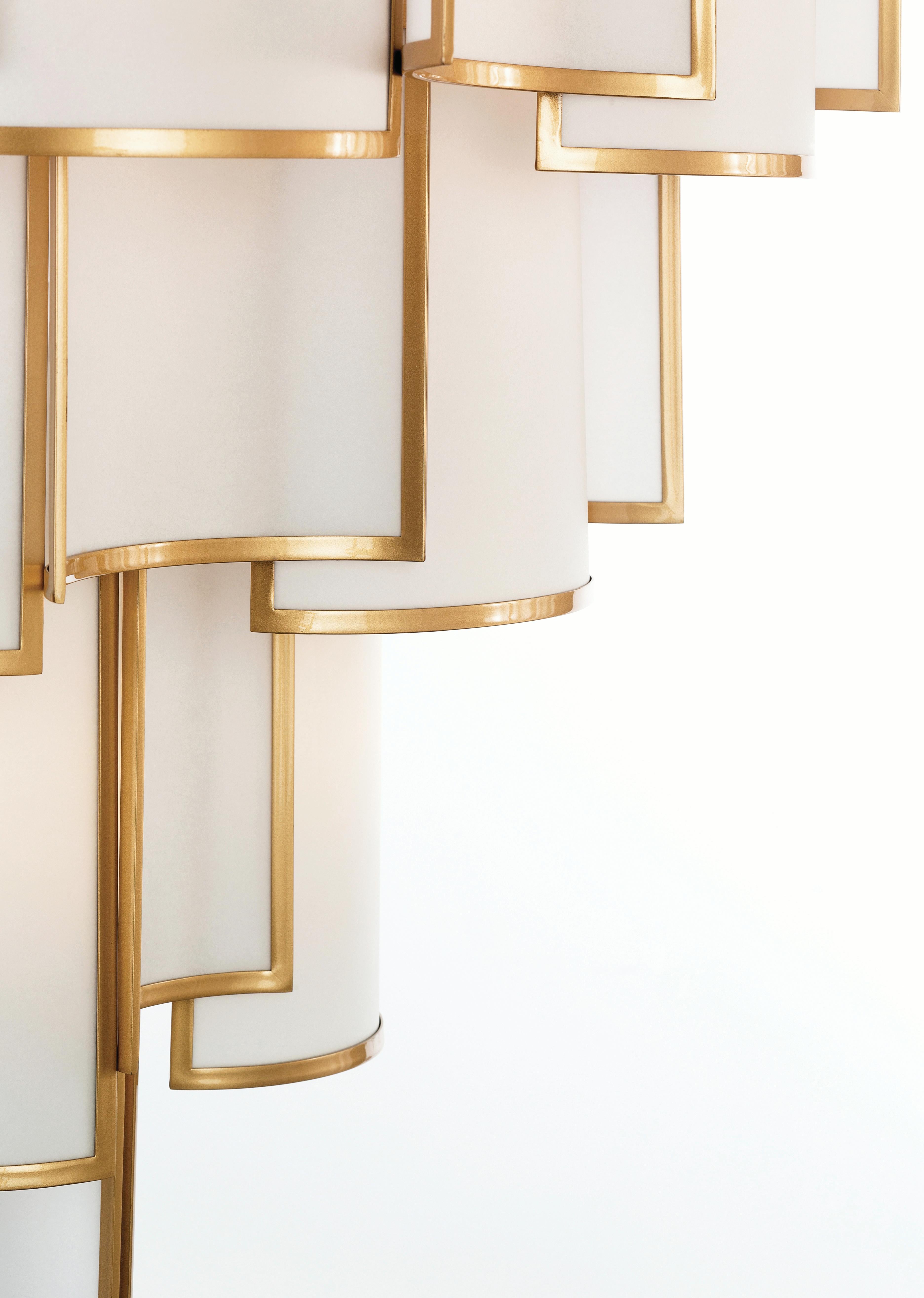 SHADE Collection - A composition of small curved framed panels that create a luminous movement, also available in other finishes & fabrics, as well as sizes. All Officina Luce items are customizable.

Main structure in natural brass in satin gold