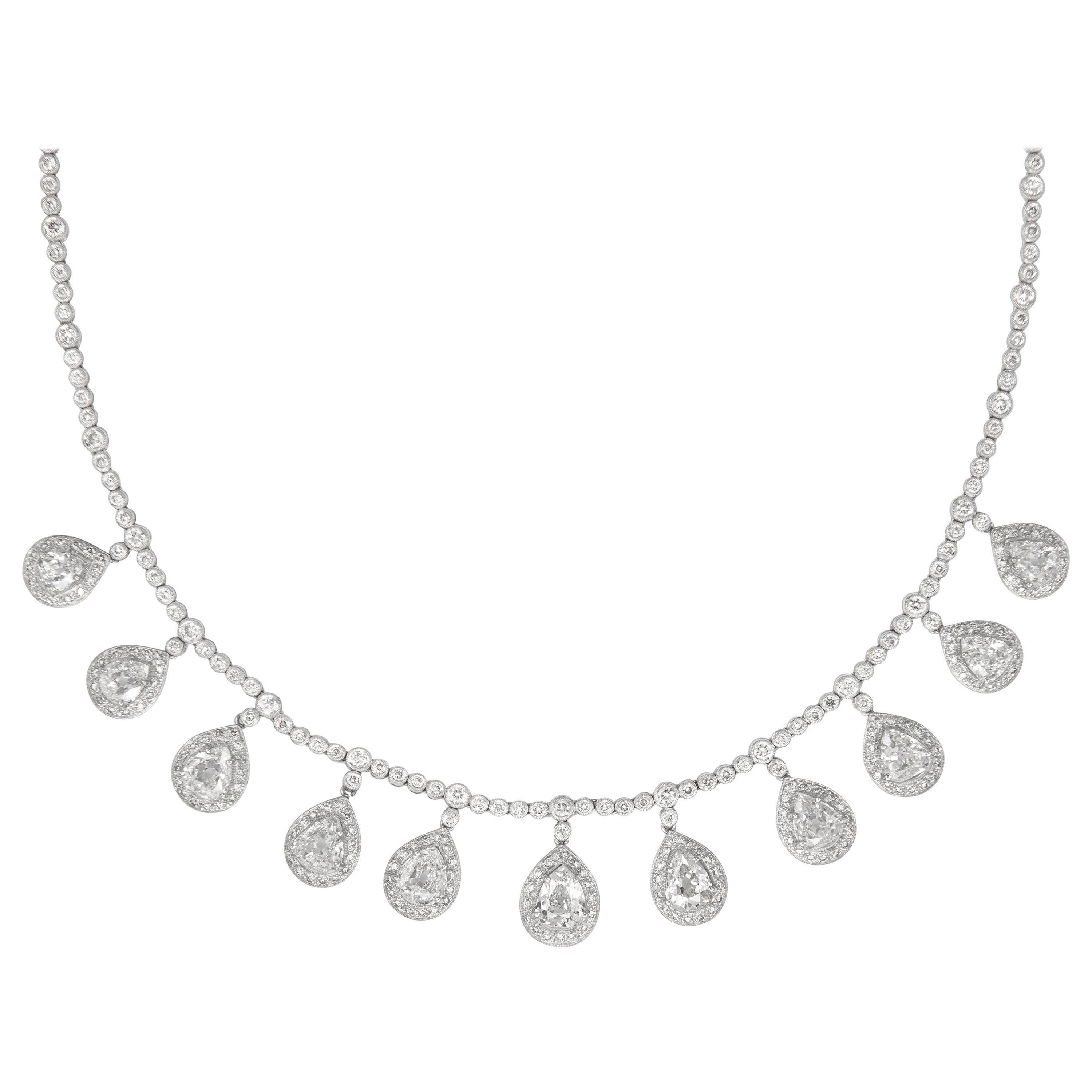 14.11 Carat Old Pear Cut Diamond Dangling Necklace 18 Karat White Gold For Sale