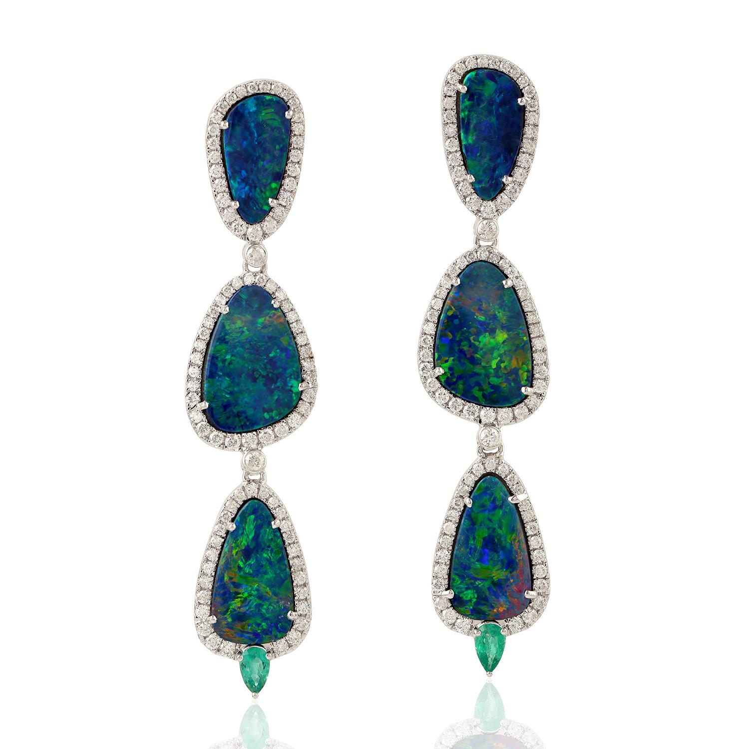 Contemporary 14.11 Carat Opal Emerald Diamond 18 Karat Gold Triple Drop Earrings For Sale