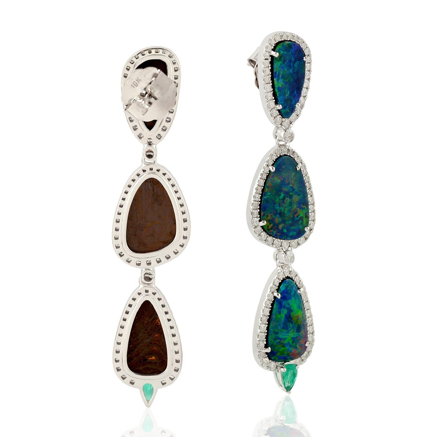 Cabochon 14.11 Carat Opal Emerald Diamond 18 Karat Gold Triple Drop Earrings For Sale